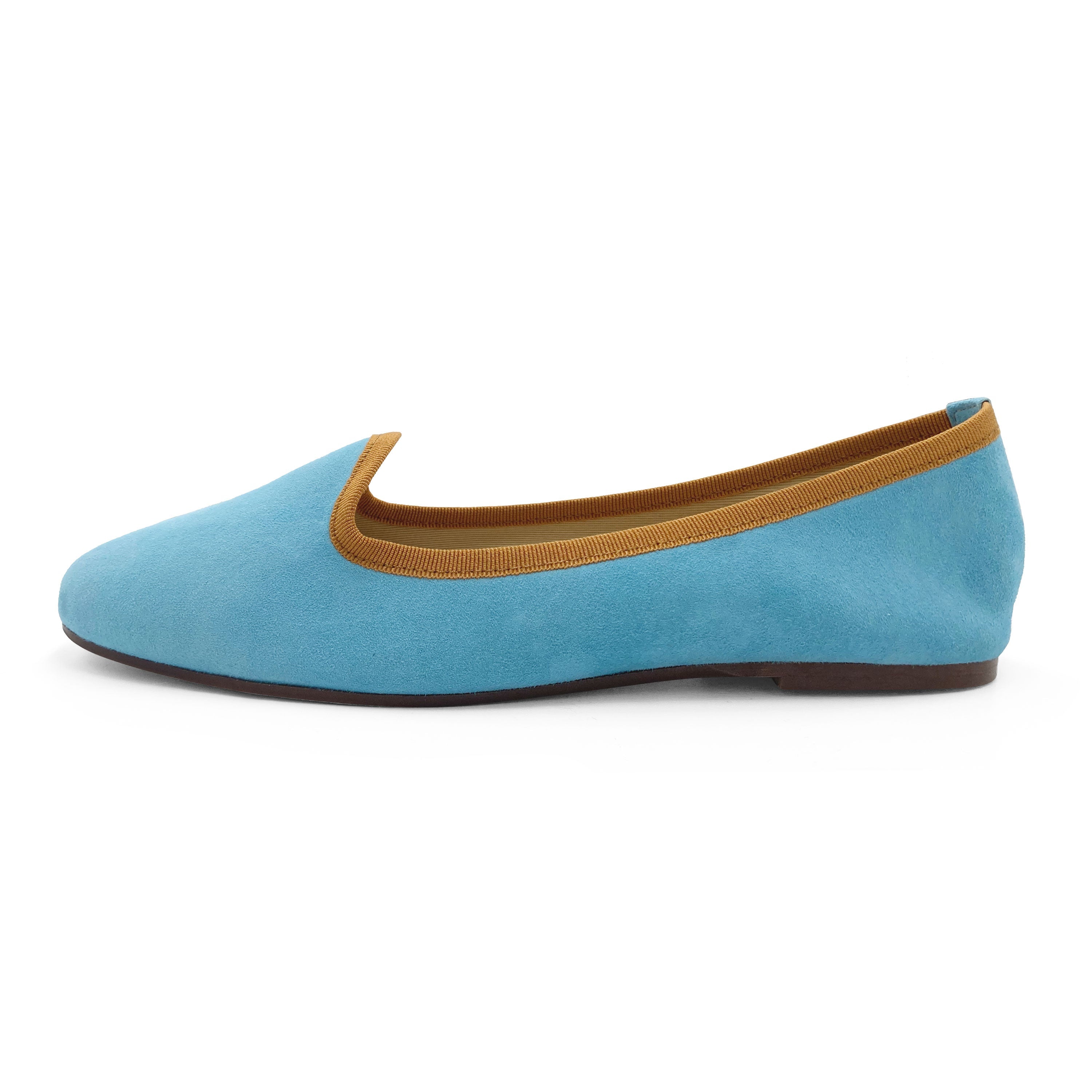 Women's aqua blue suede loafers with ochre details