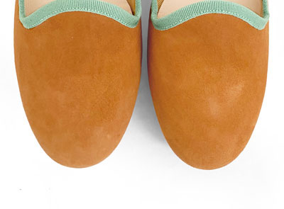 Tan suede women's loafers and green gros grain