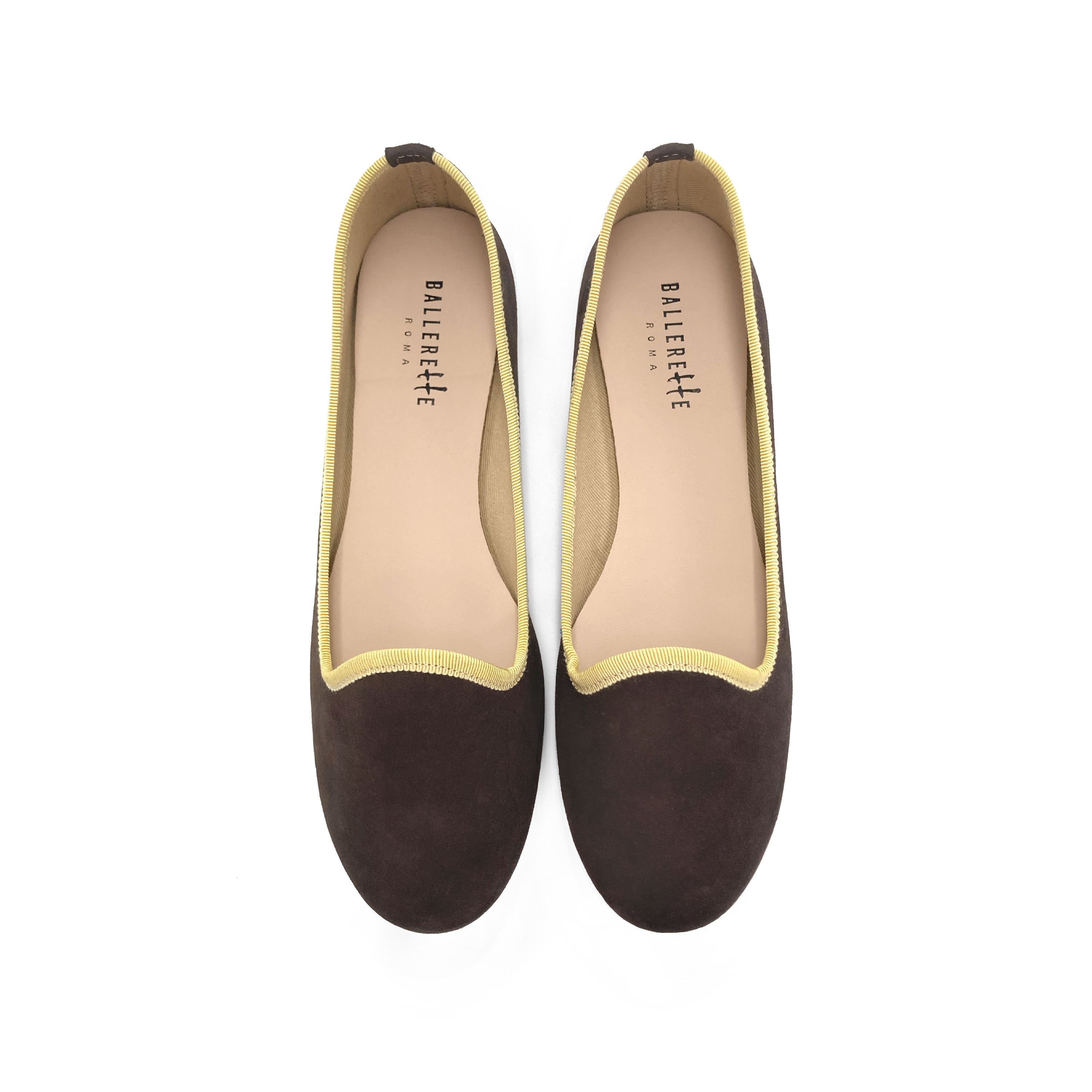Women loafers in dark brown suede with yellow details