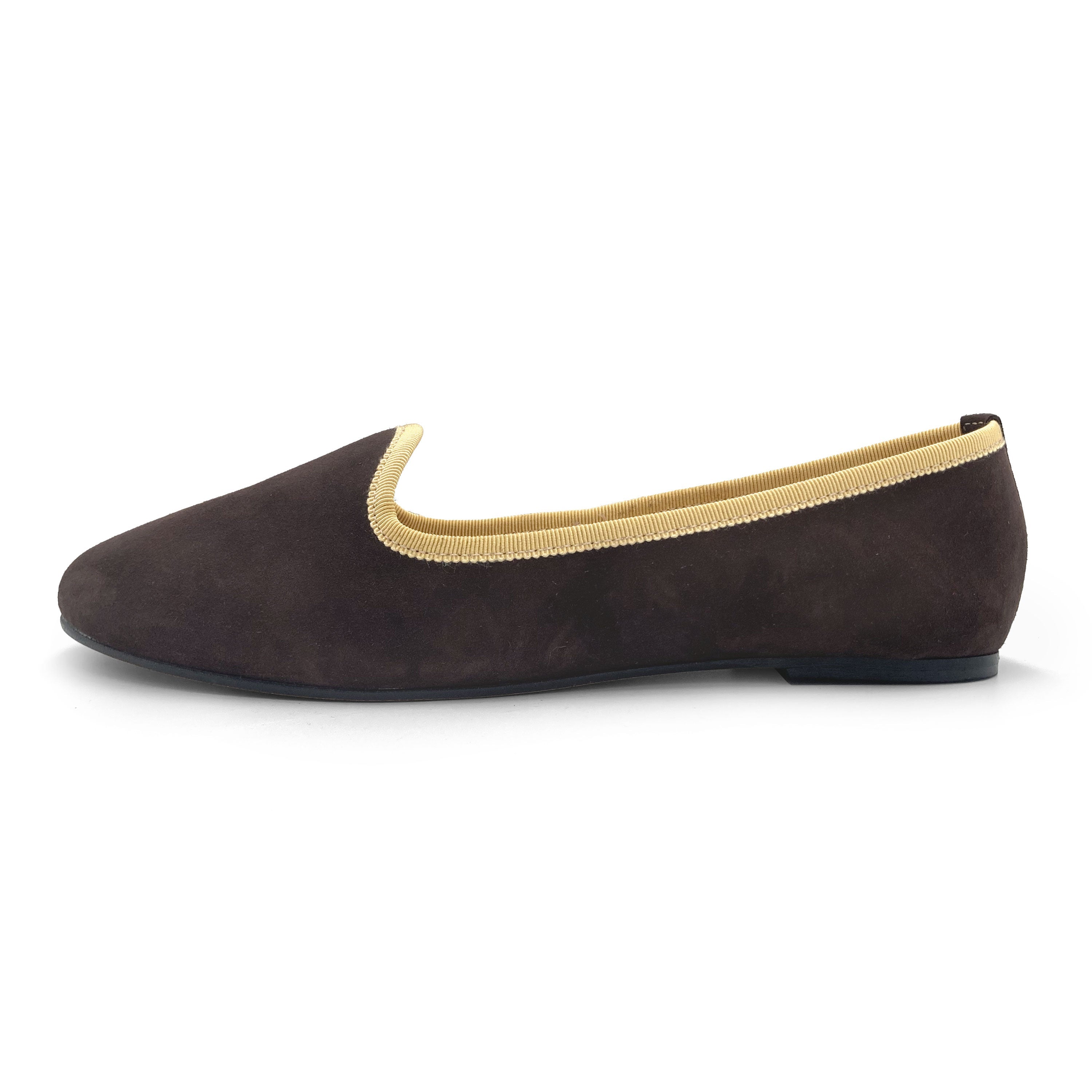 Women loafers in dark brown suede with yellow details