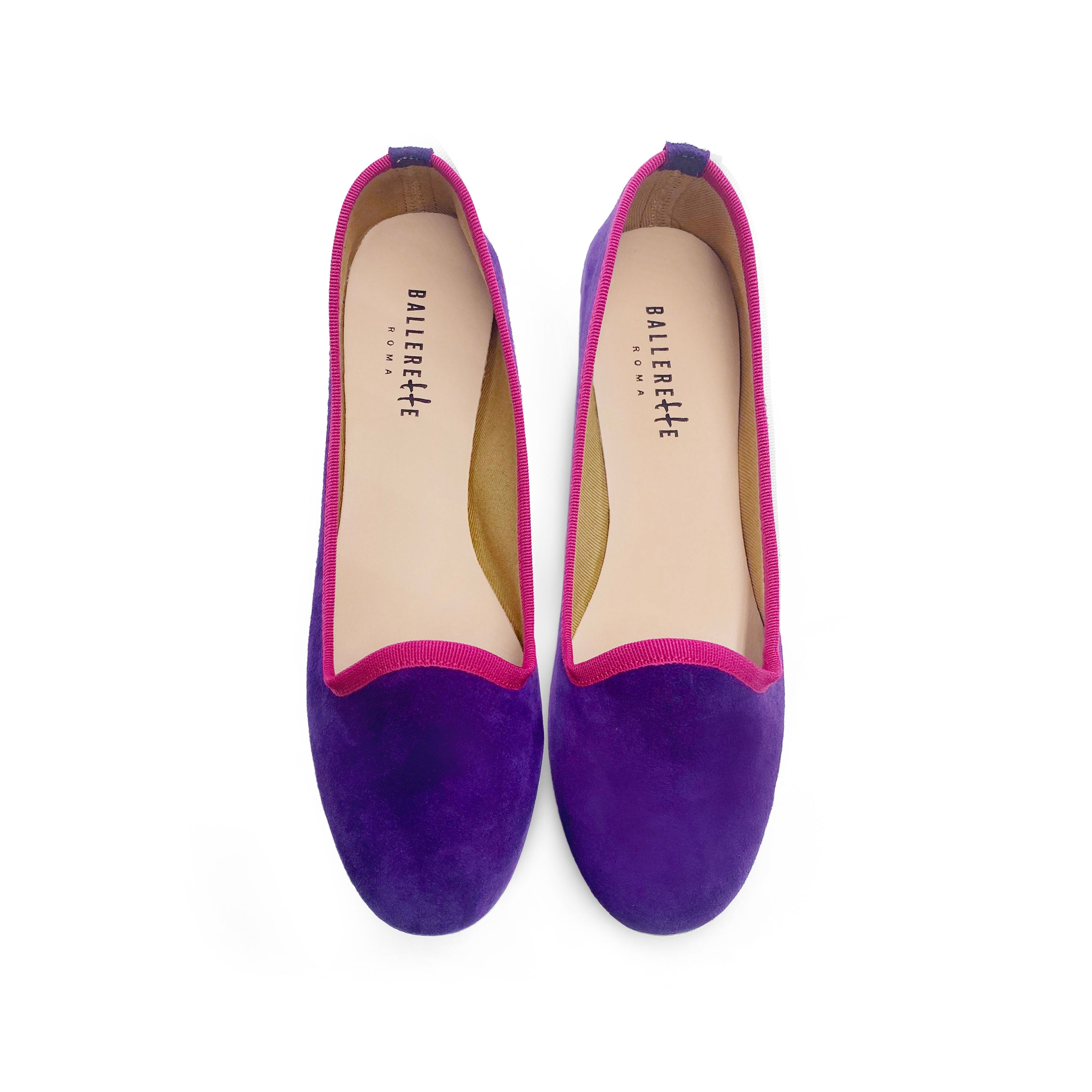 Women loafers in purple suede with fuchsia details