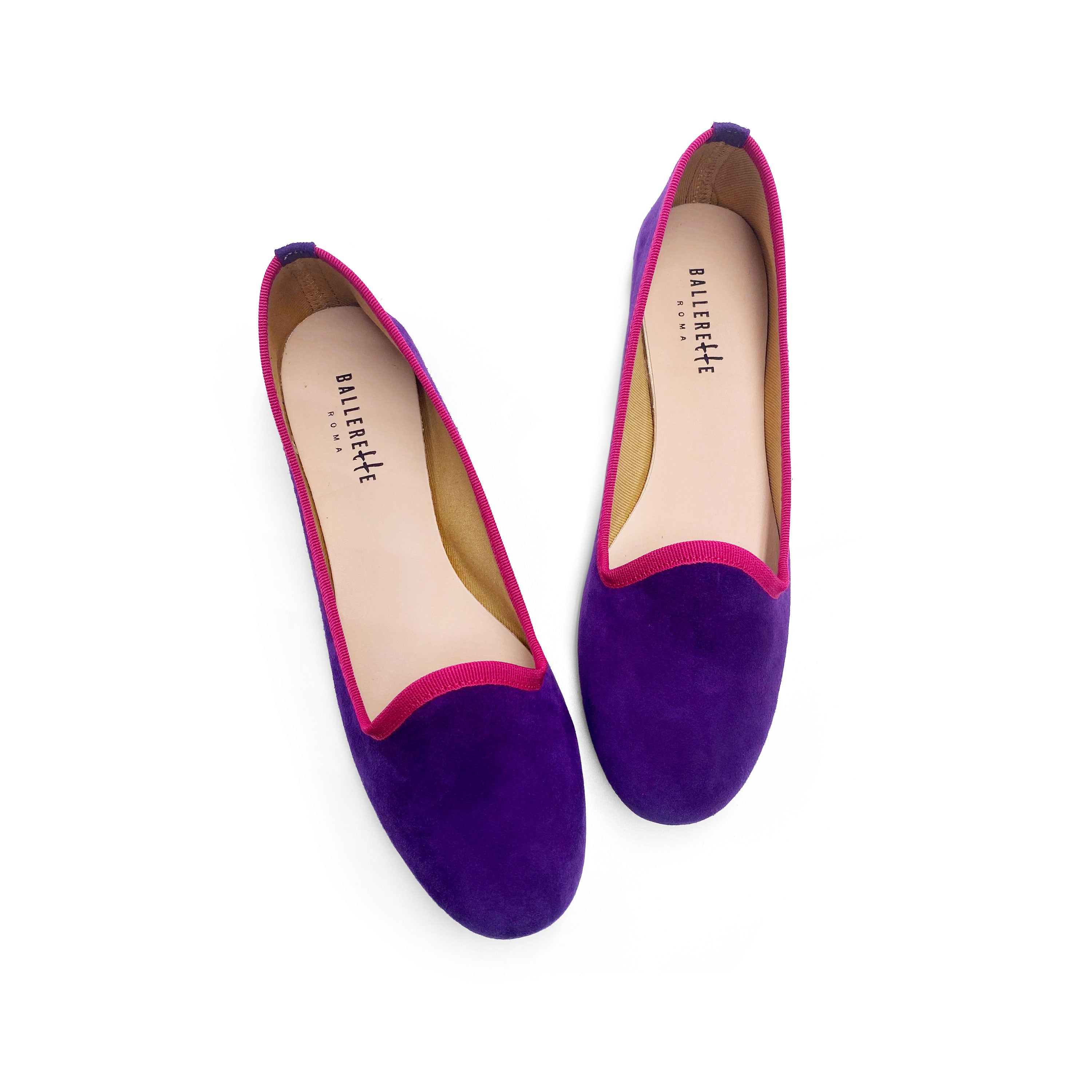 Women loafers in purple suede with fuchsia details