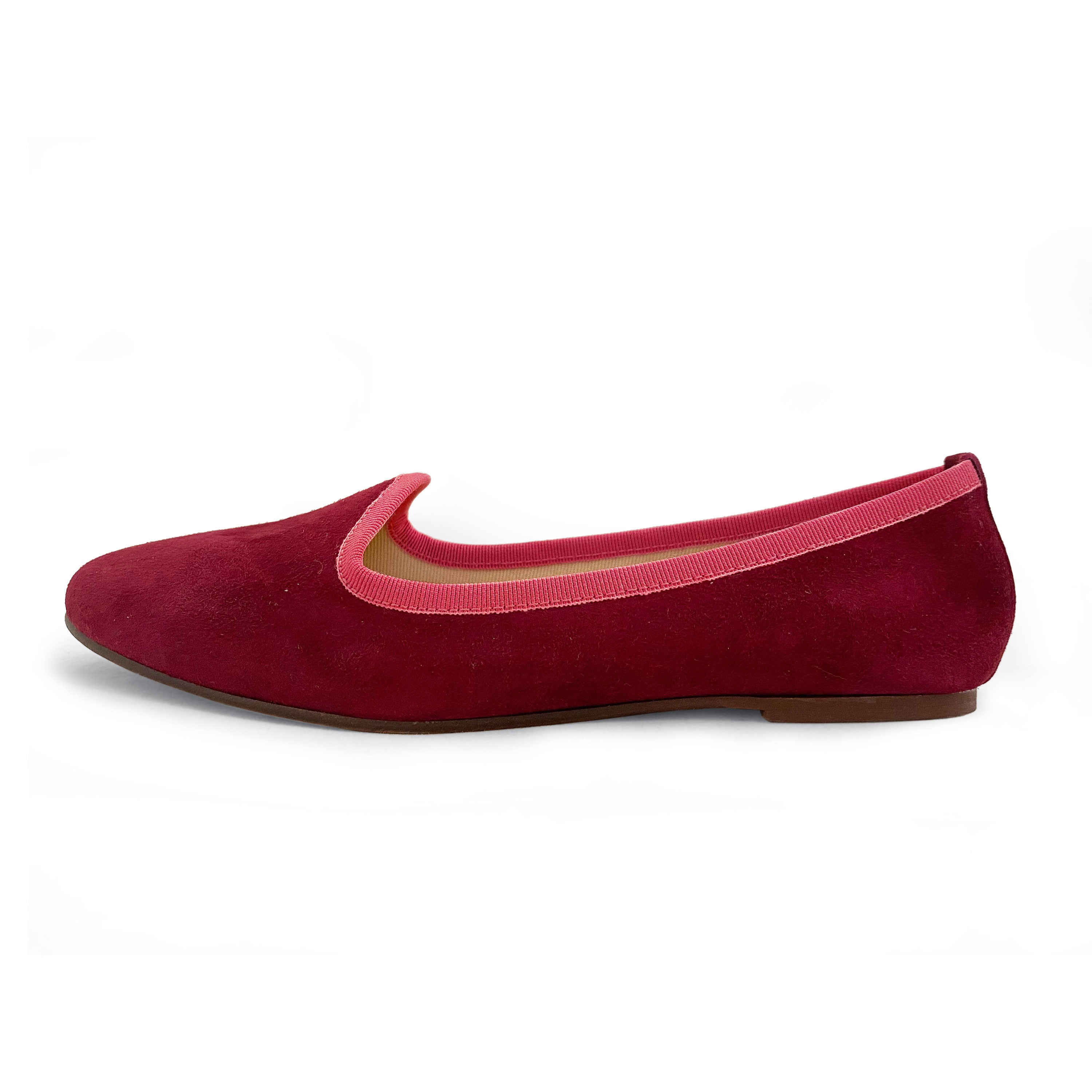 Bordeaux suede loafers with pink gros grain