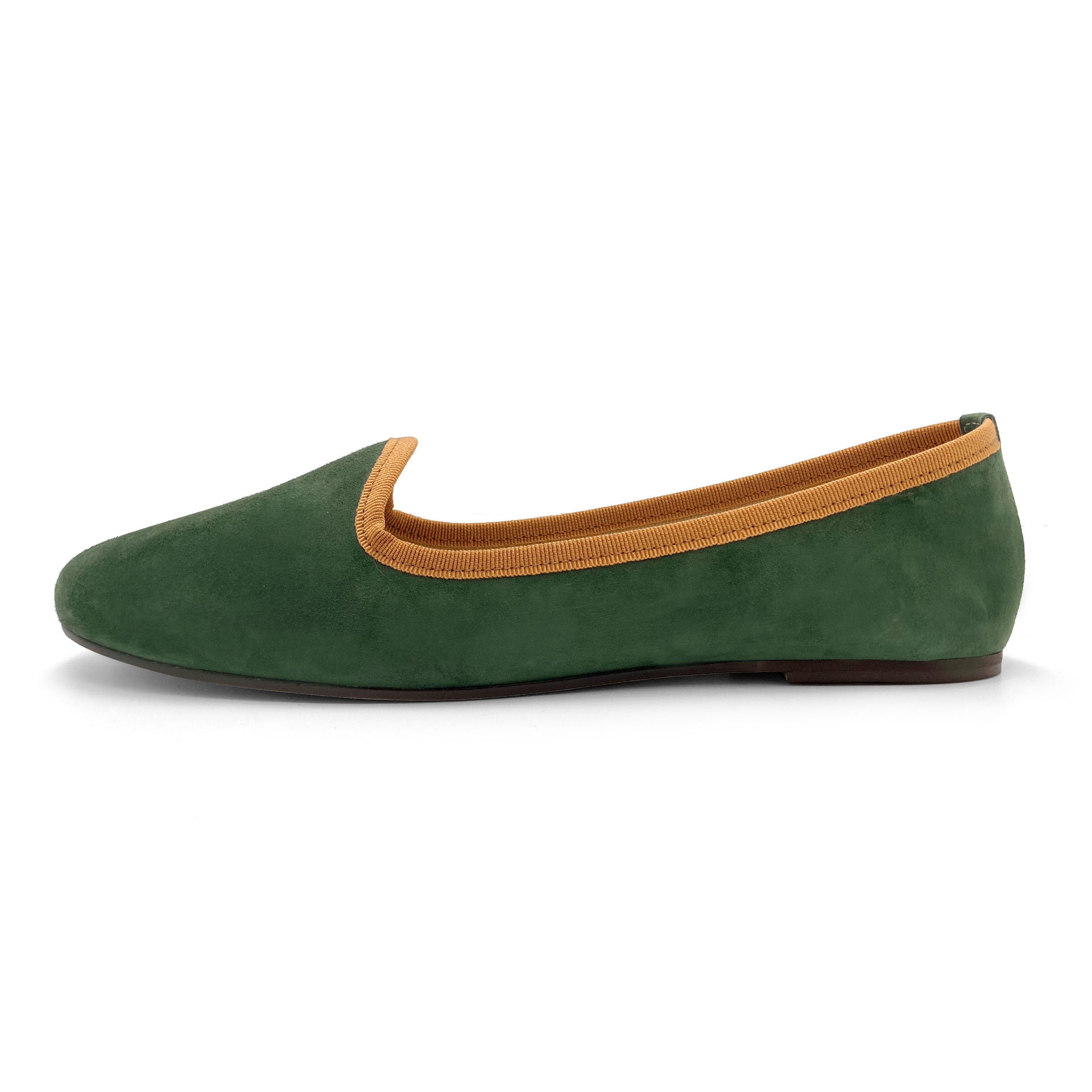 Forest green suede loafers with amber yellow details