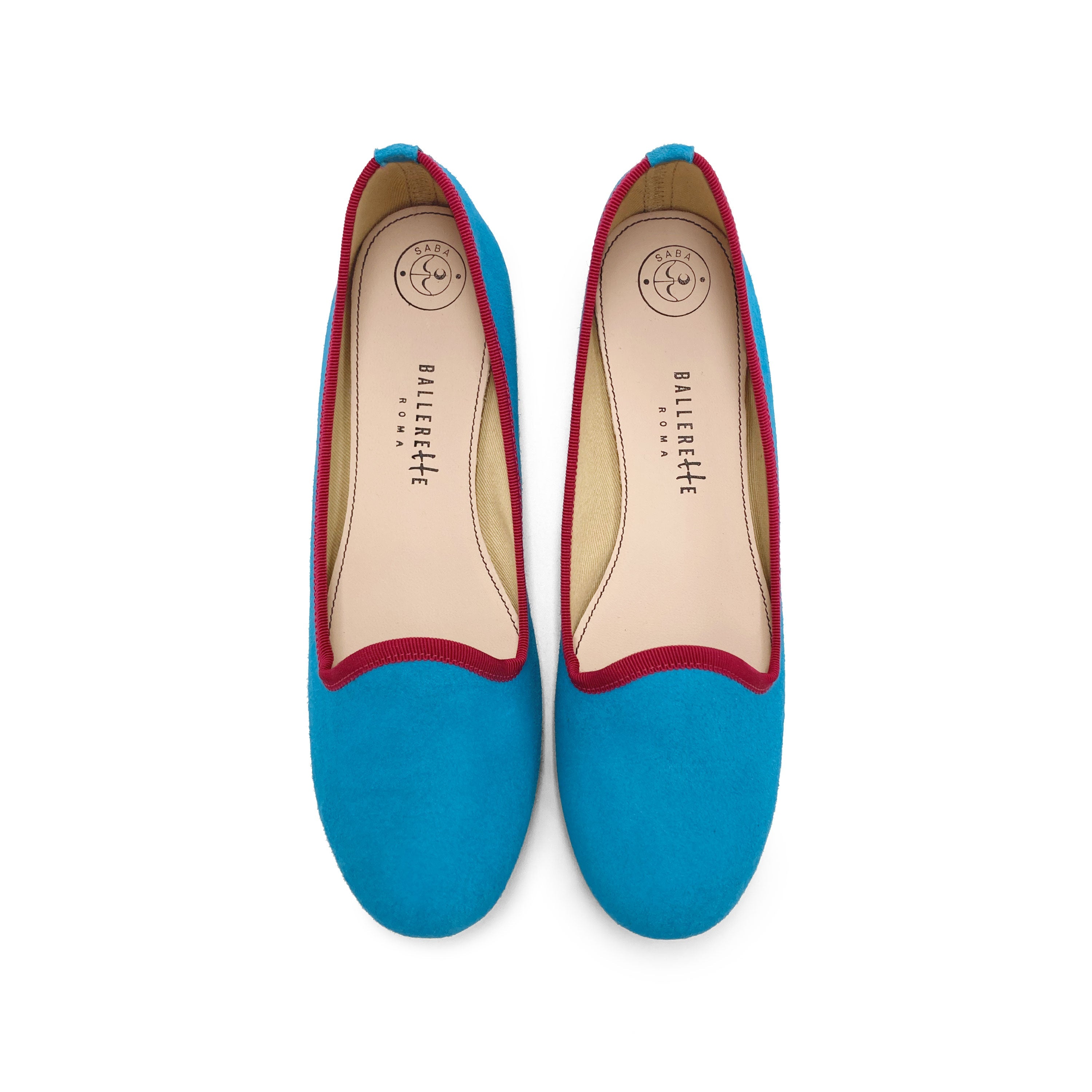 Women’s loafers in turquoise suede with fuchsia details