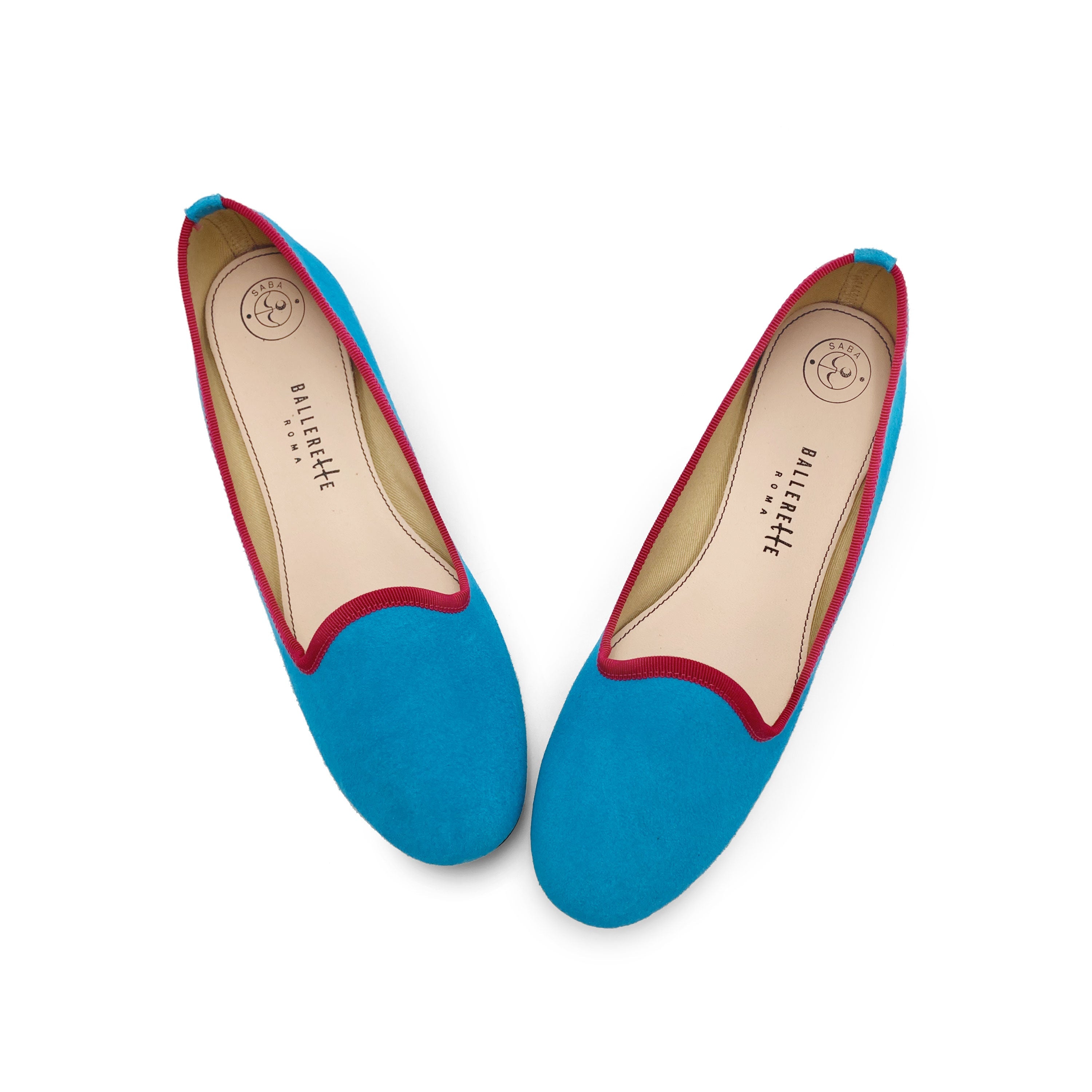 Women’s loafers in turquoise suede with fuchsia details
