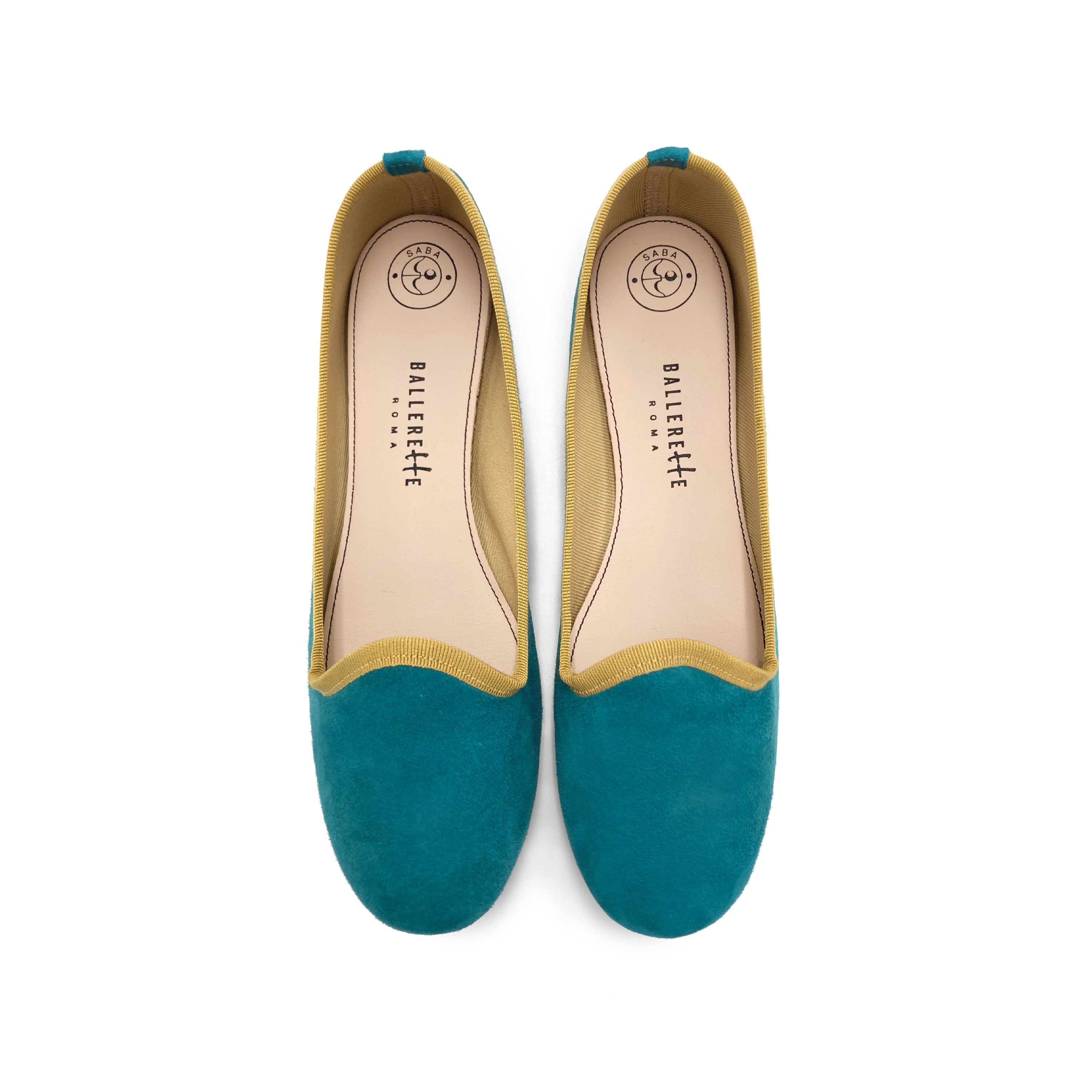Women’s loafers in petrol blue suede with mustard details