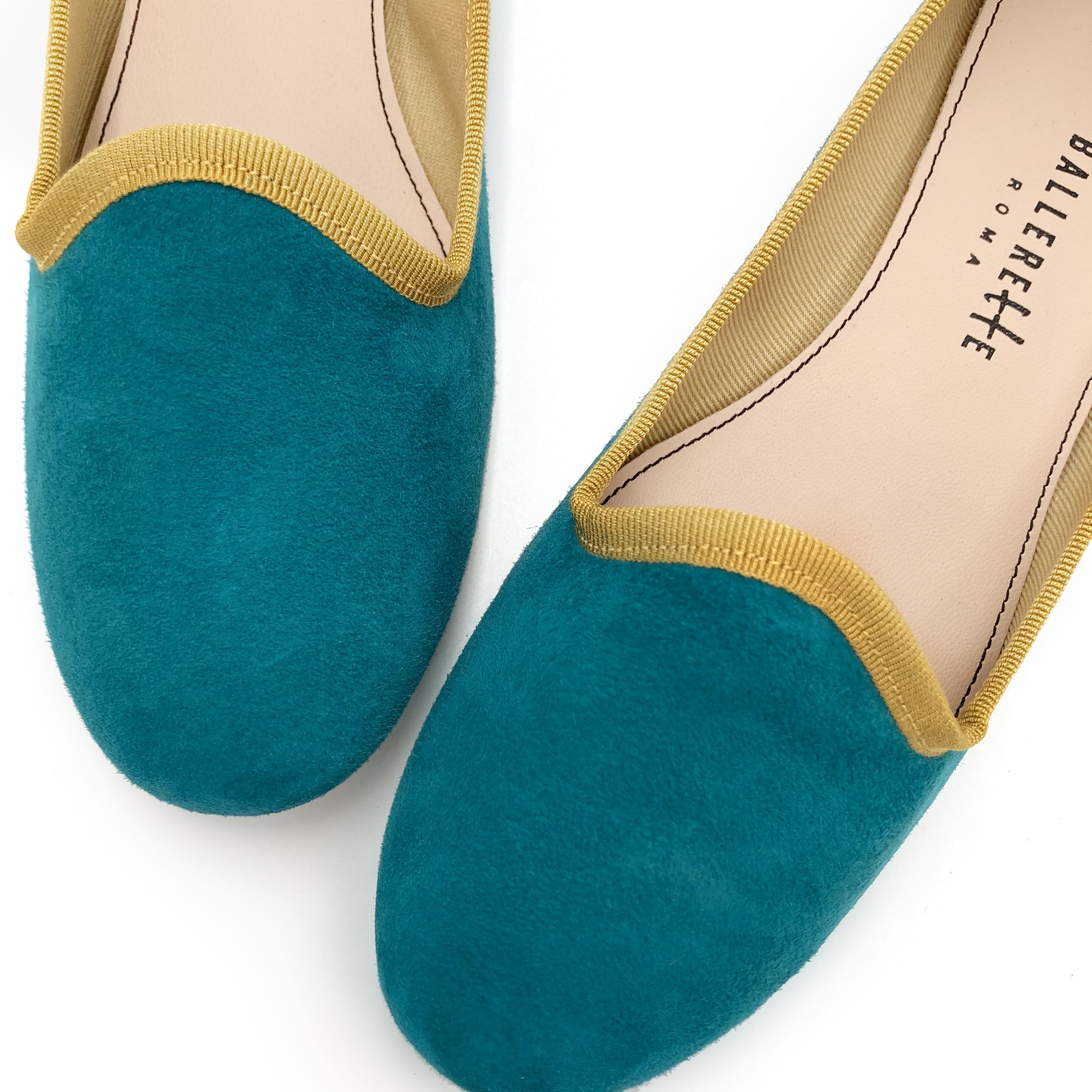 Women’s loafers in petrol blue suede with mustard details