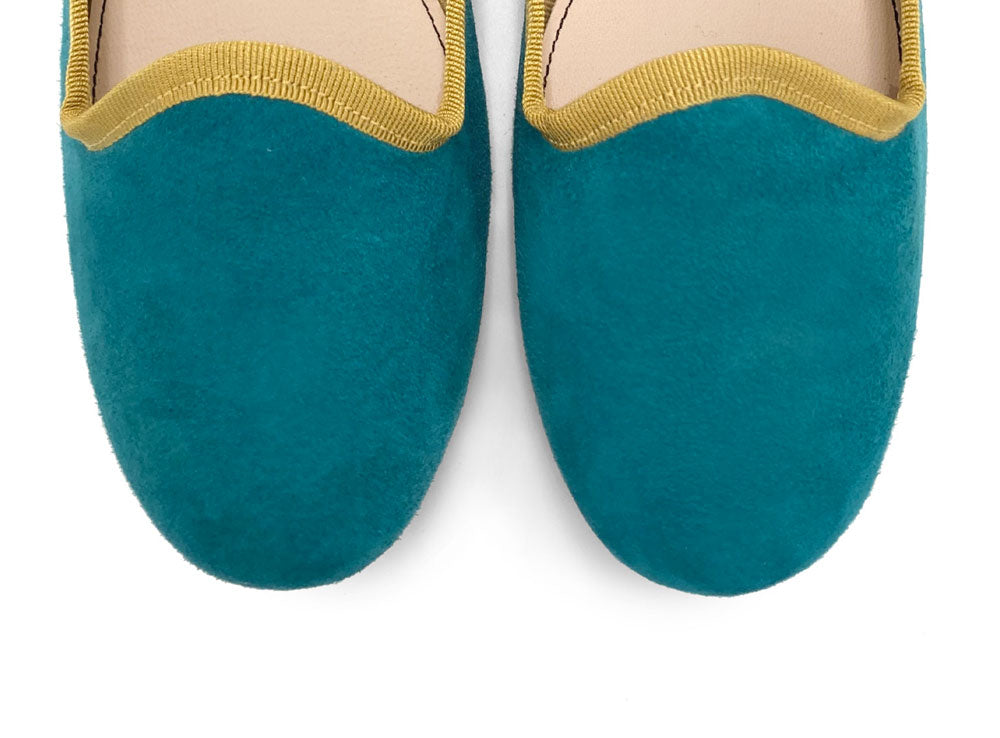 Women’s loafers in petrol blue suede with mustard details