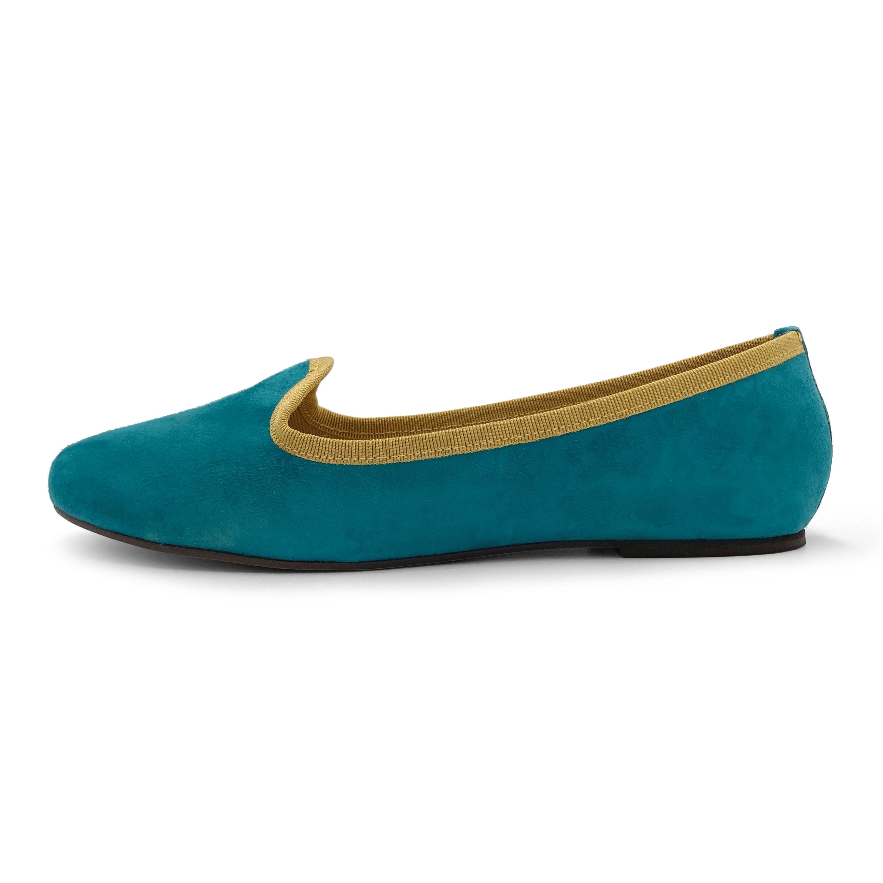 Women’s loafers in petrol blue suede with mustard details