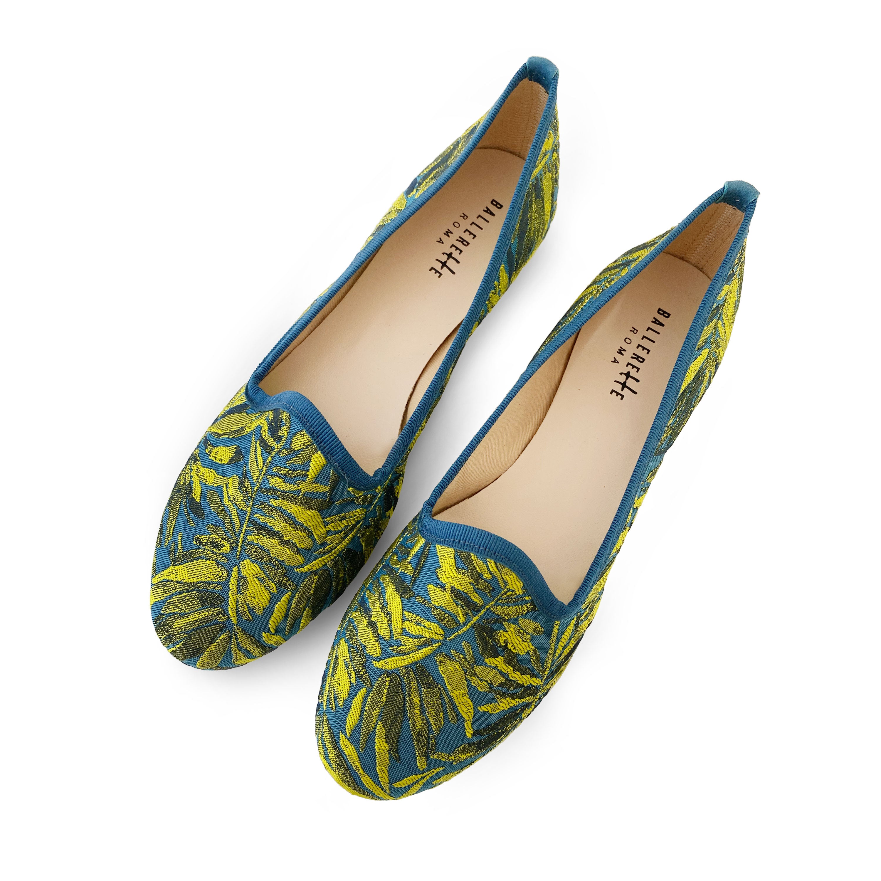Blue and yellow jacquard loafers with tropical print