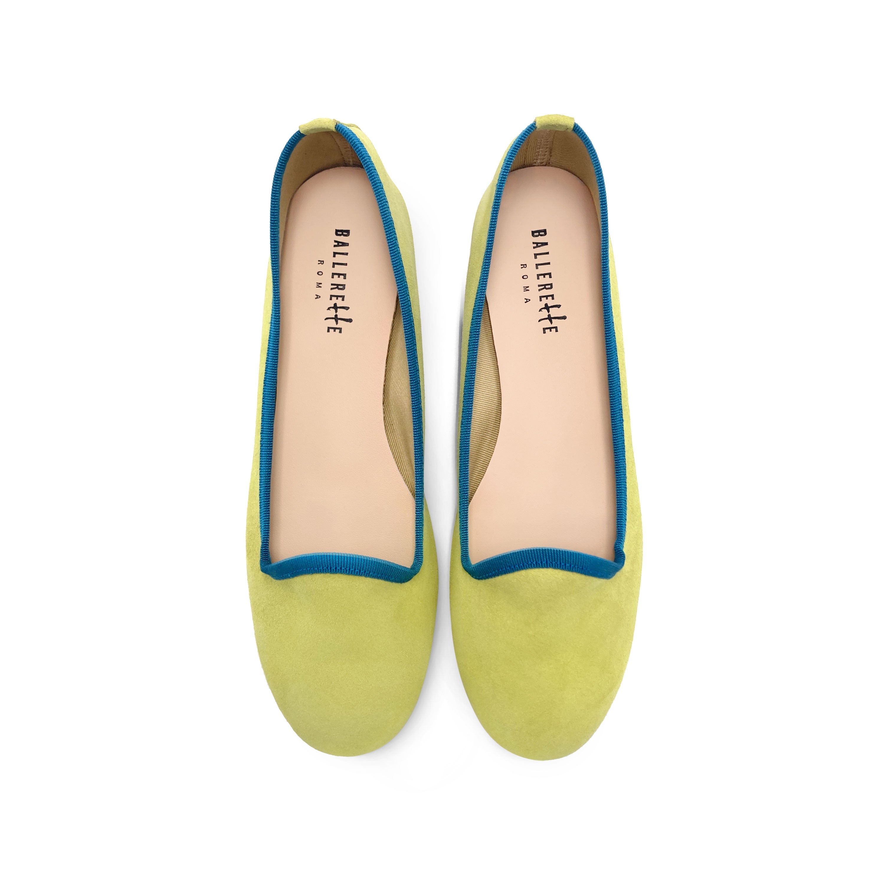 Women's lime green suede loafers with petrol blue details