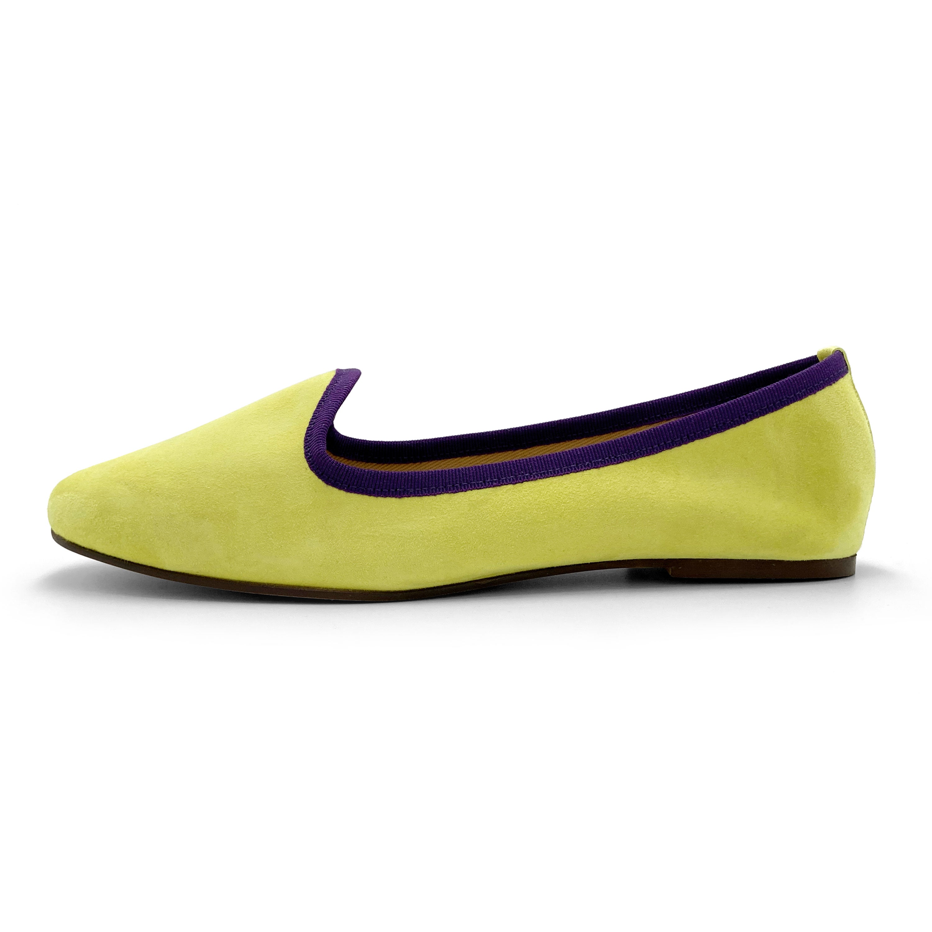Women’s loafers in lime suede with purple details