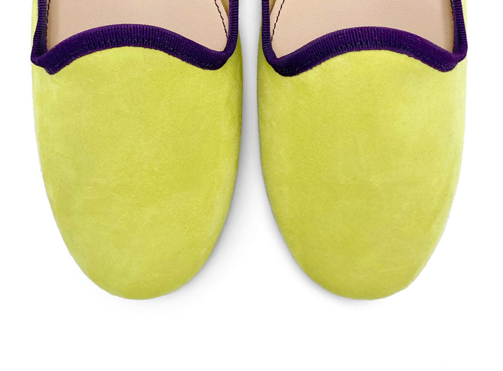 Women’s loafers in lime suede with purple details