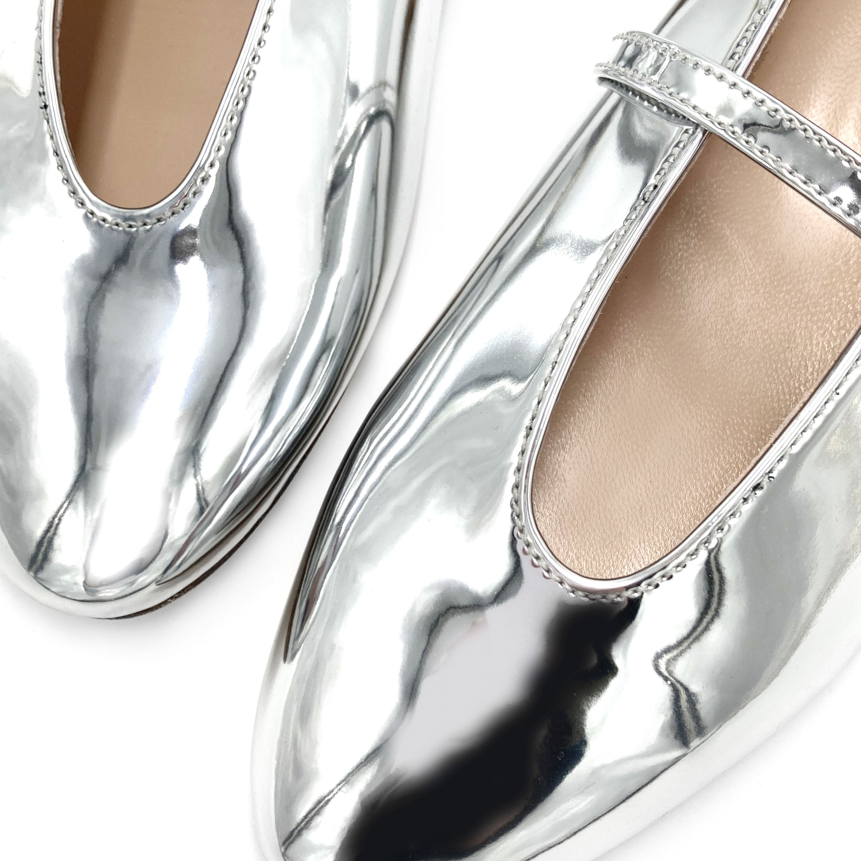 Silver Mirrored Ballet Flats with V-Cut and Jeweled Strap