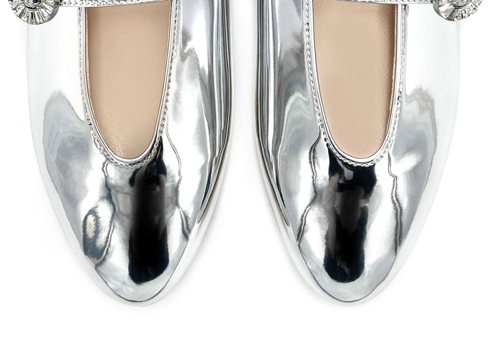 Silver Mirrored Ballet Flats with V-Cut and Jeweled Strap