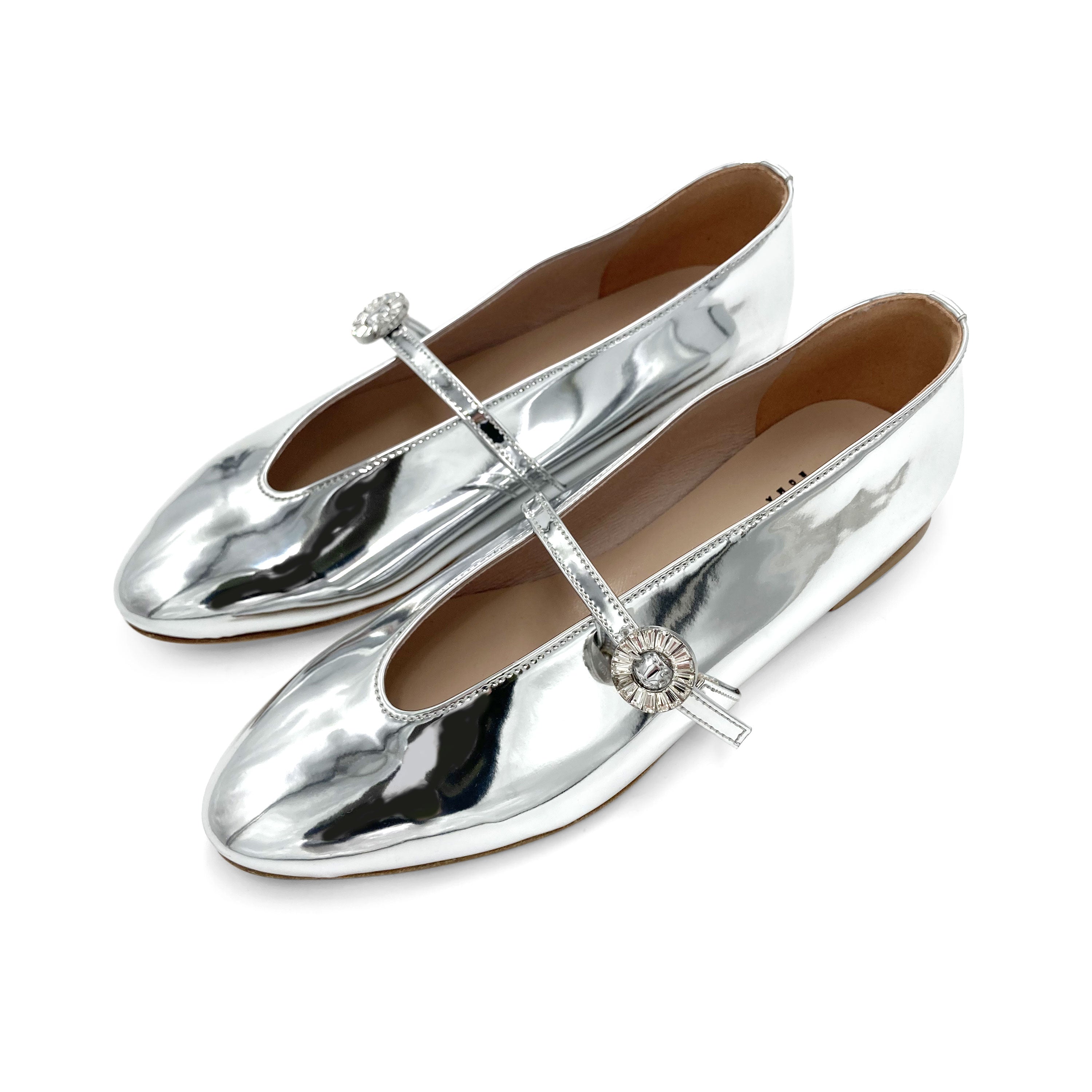 Silver mirrored ballet flats with V cut and jeweled strap