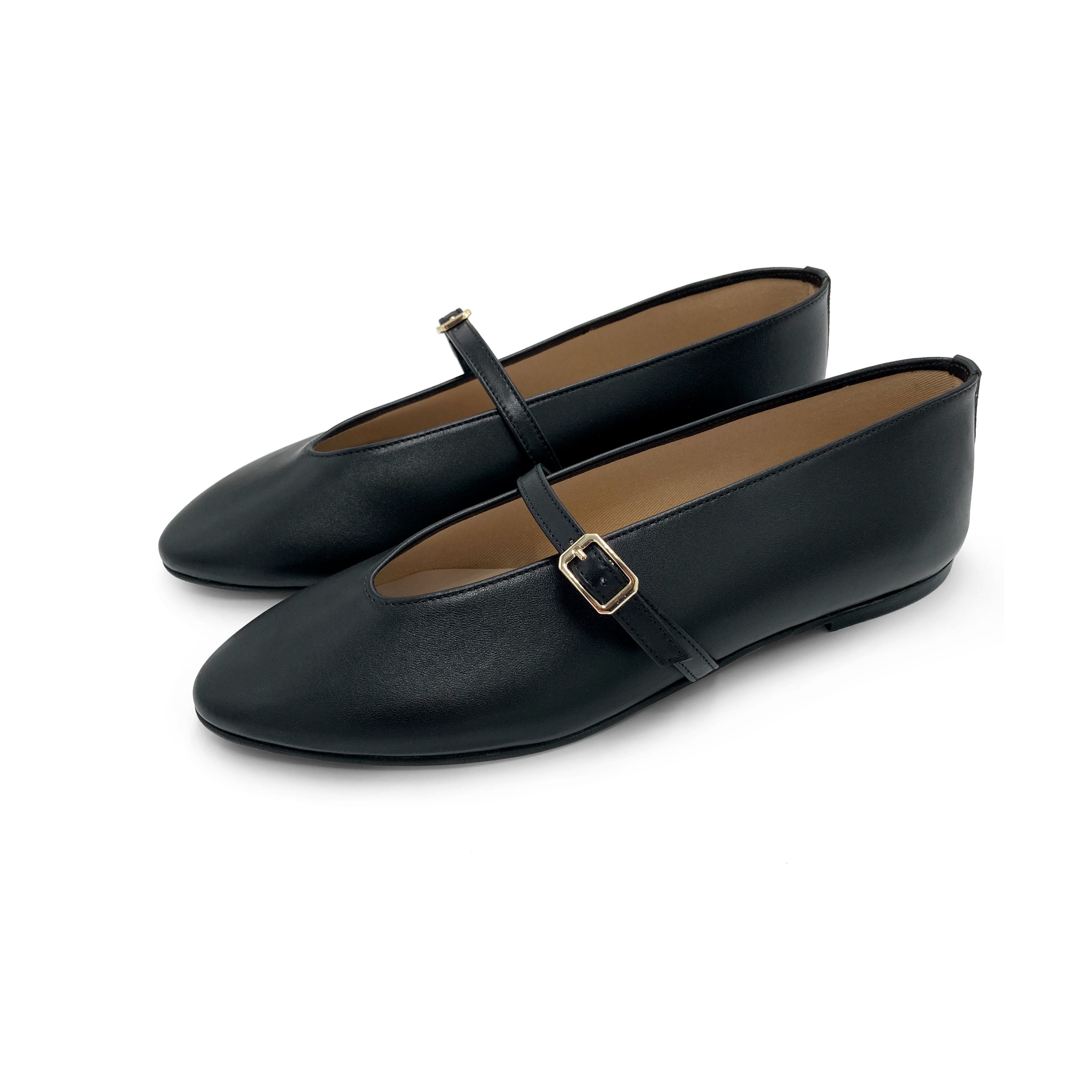 Black leather ballet flats with V-cut and strap