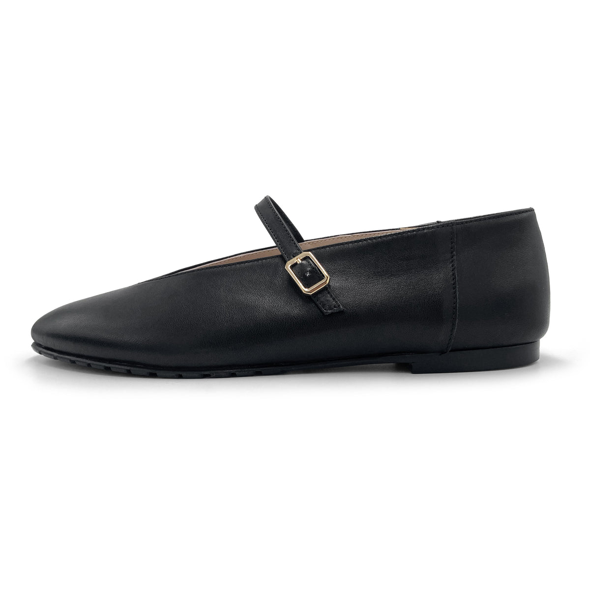 Black leather ballet flats with V-cut and strap