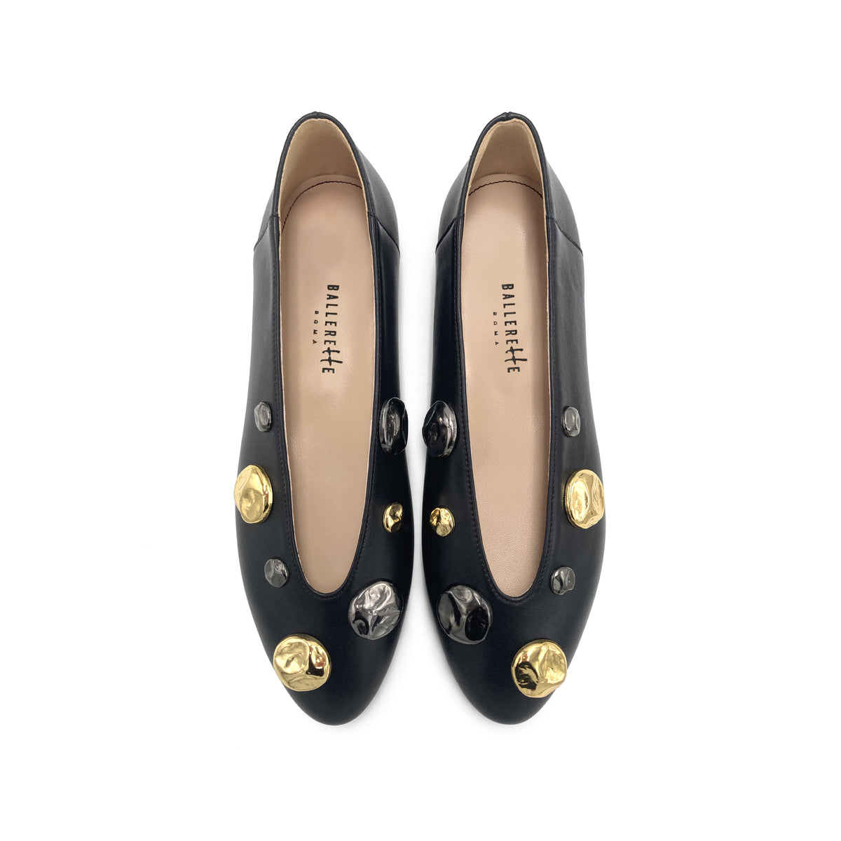 Black leather high shoe-vamp flats with gold and iron studs