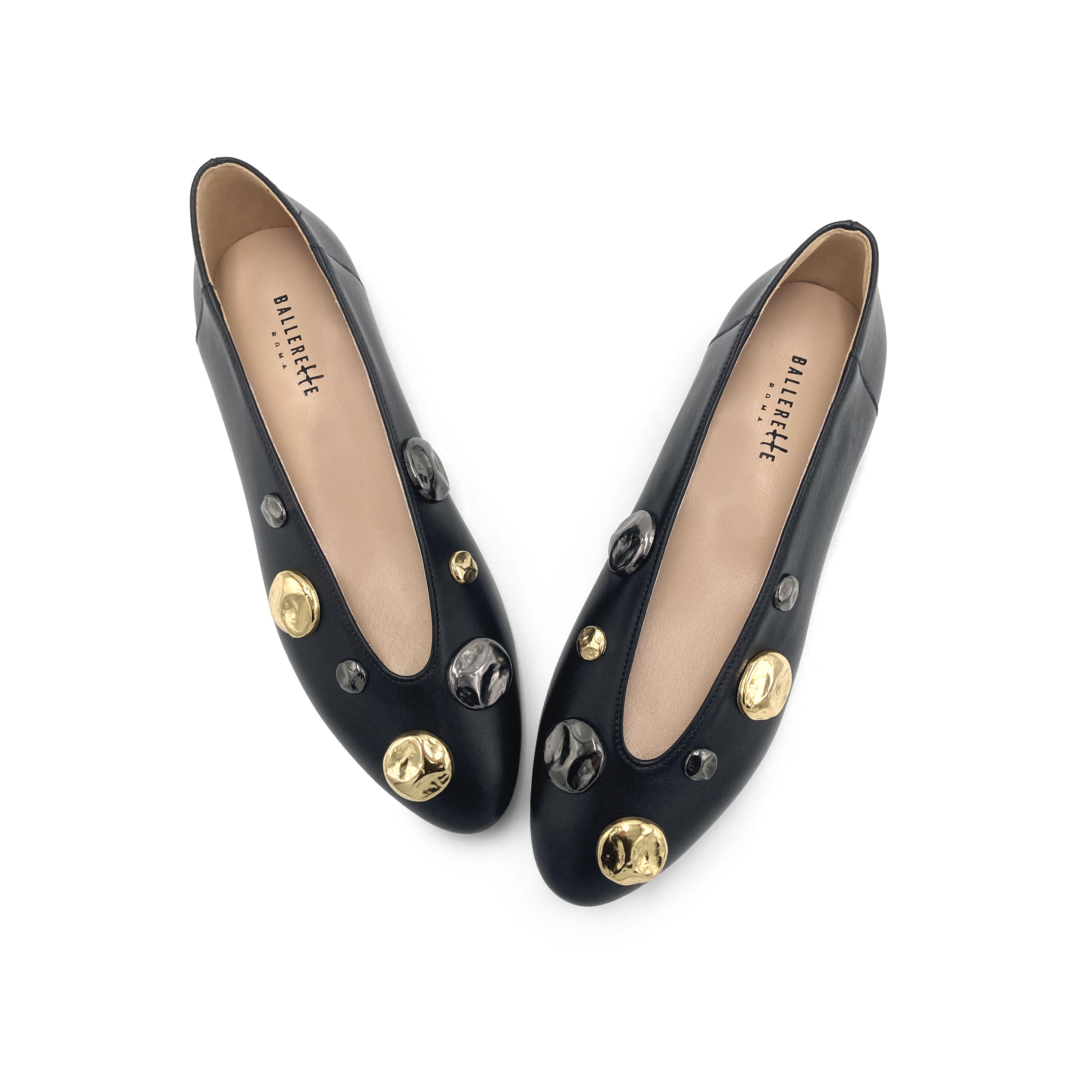 Black leather high shoe-vamp flats with gold and iron studs