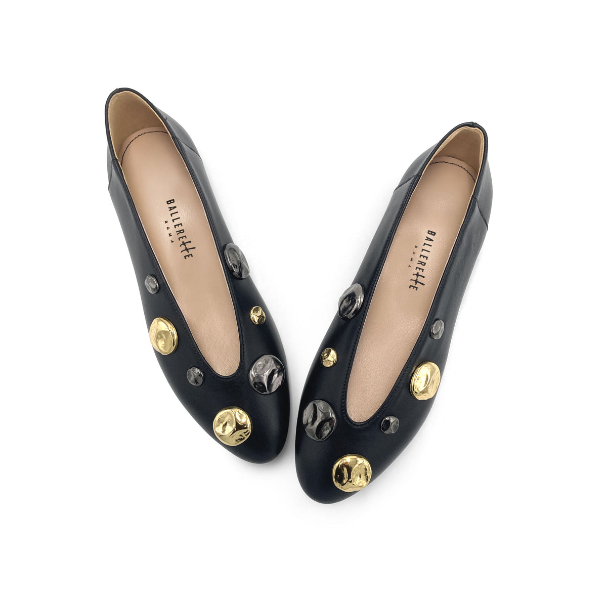 Black leather high shoe-vamp flats with gold and iron studs