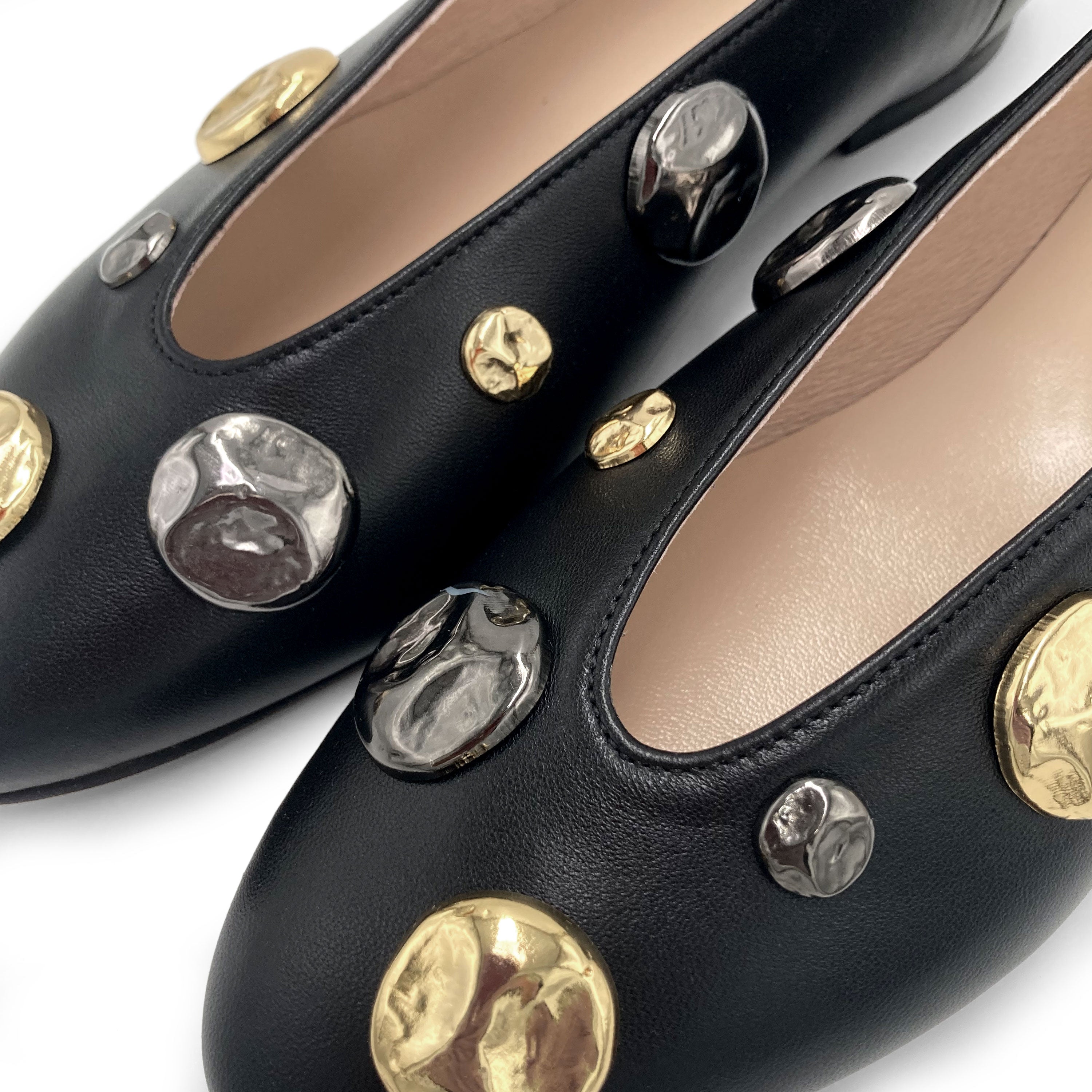 Black leather high shoe-vamp flats with gold and iron studs