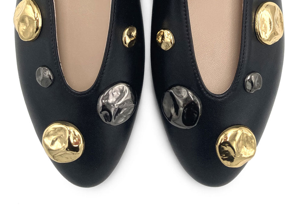 Black leather high shoe-vamp flats with gold and iron studs