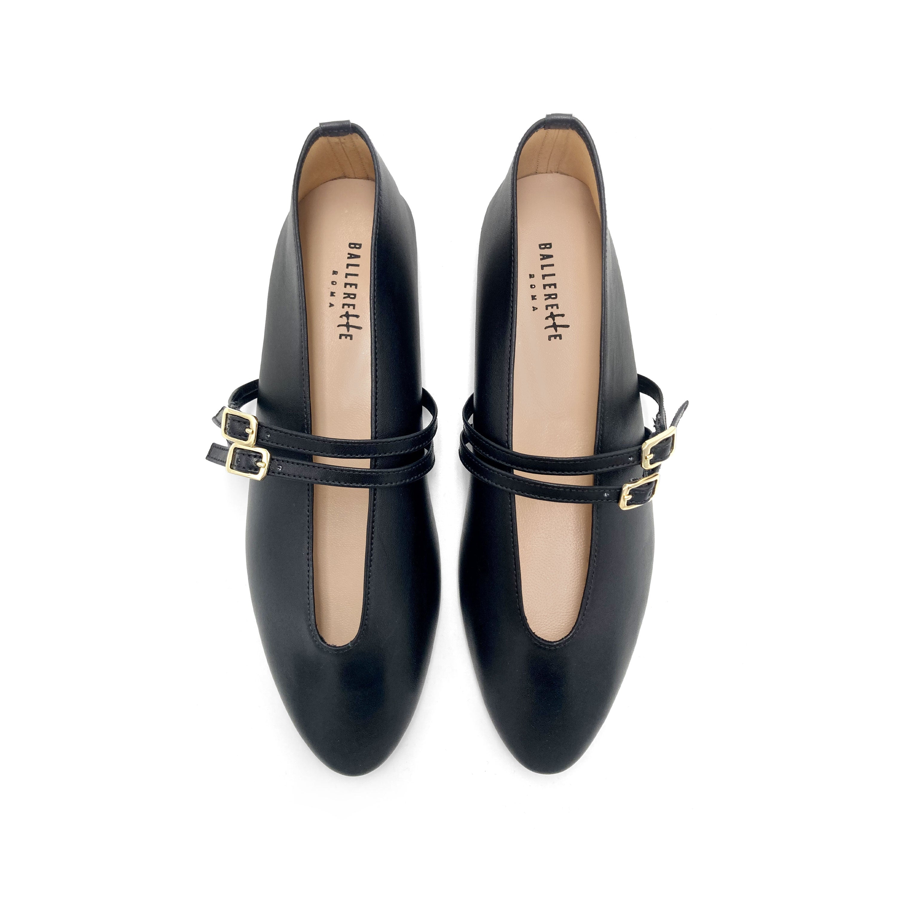 Black leather ballet flats with V cut and straps