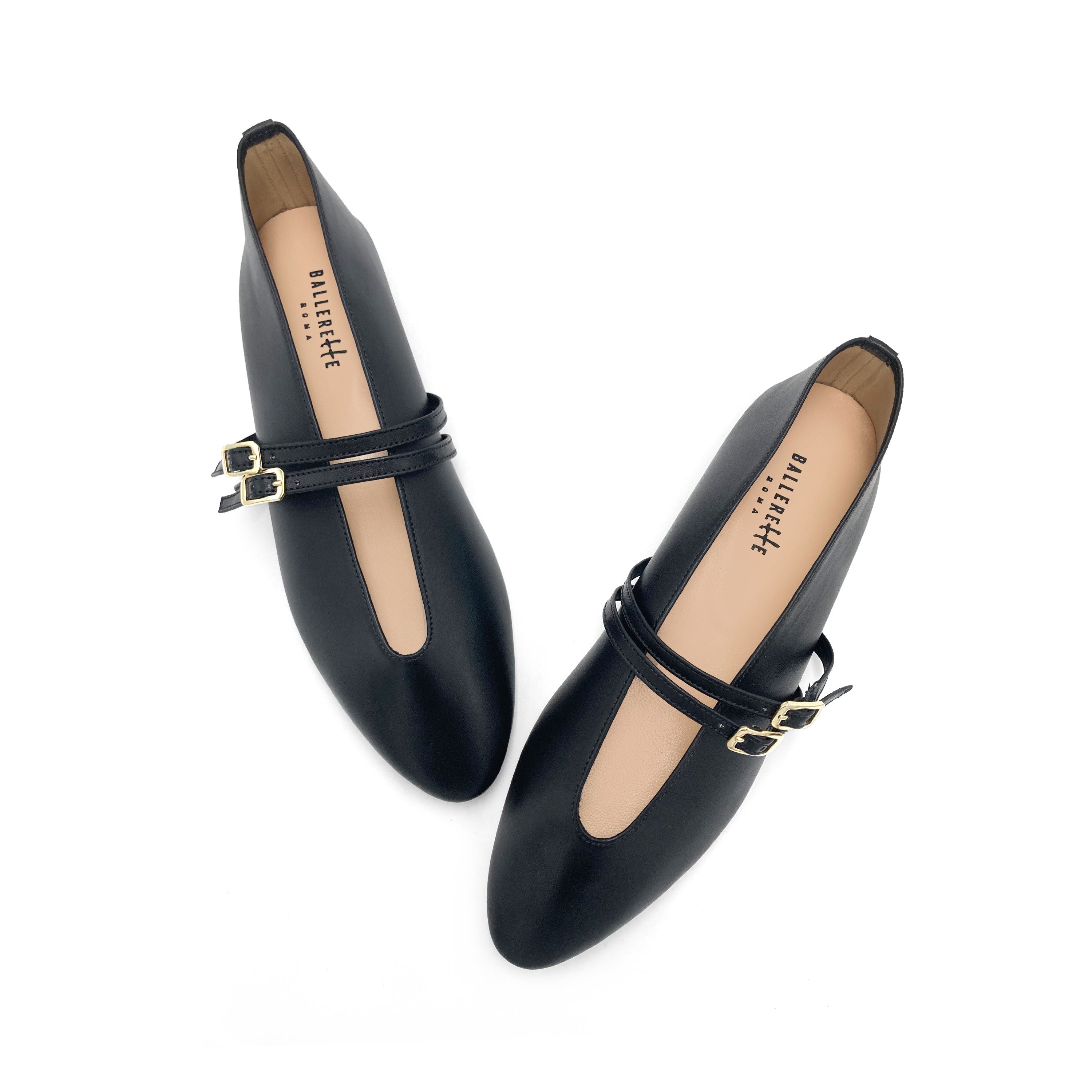 Black leather ballet flats with V cut and straps