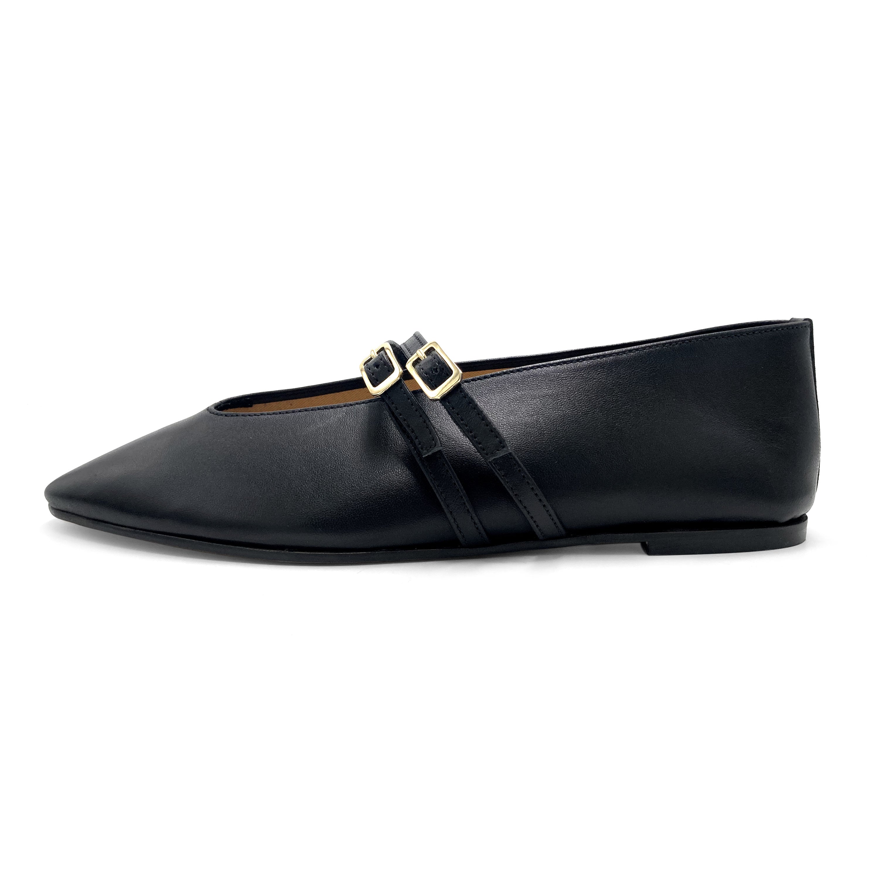 Black leather ballet flats with V cut and straps