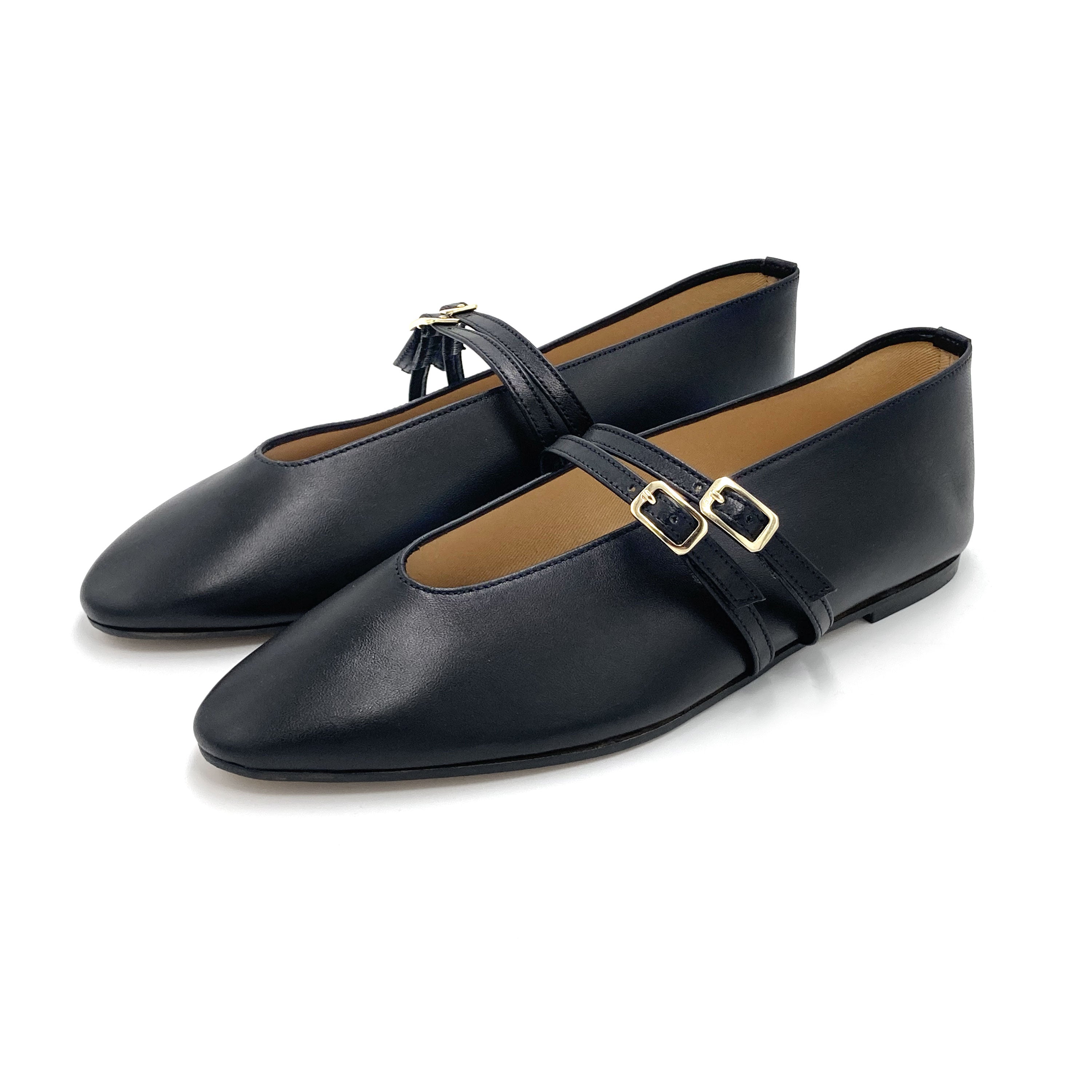 Black leather ballet flats with V cut and straps