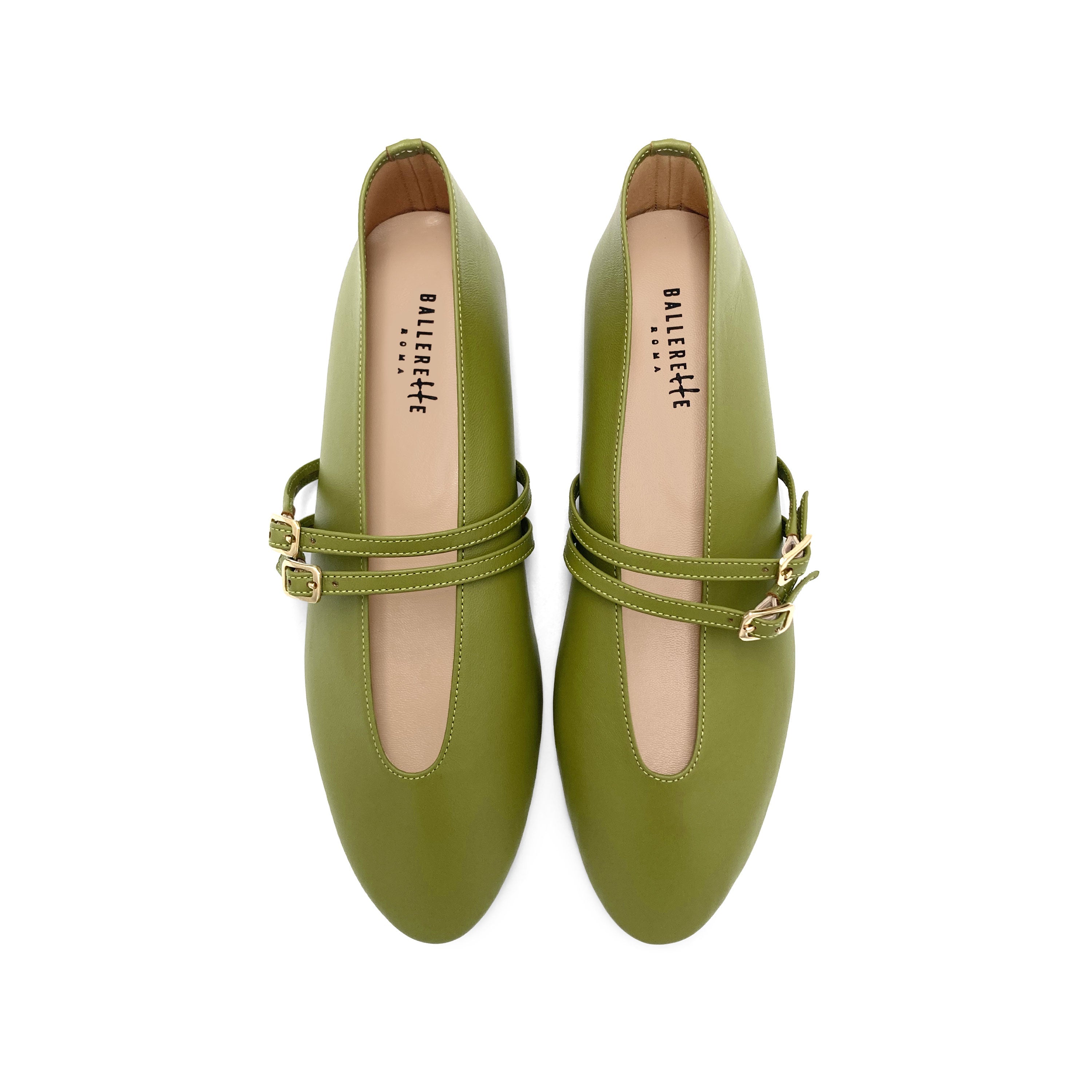Olive green leather ballet flats with V cut and straps