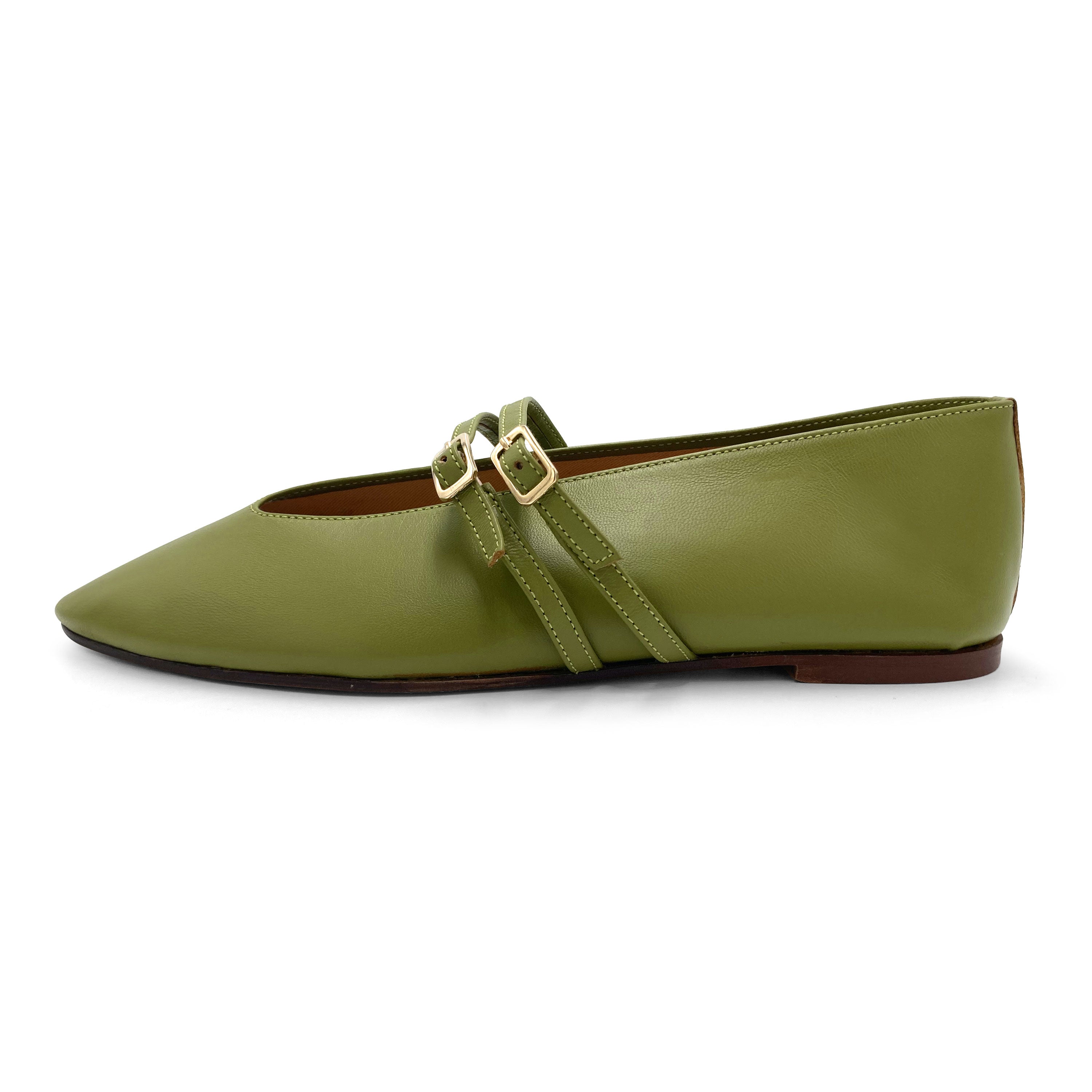 Olive green leather ballet flats with V cut and straps