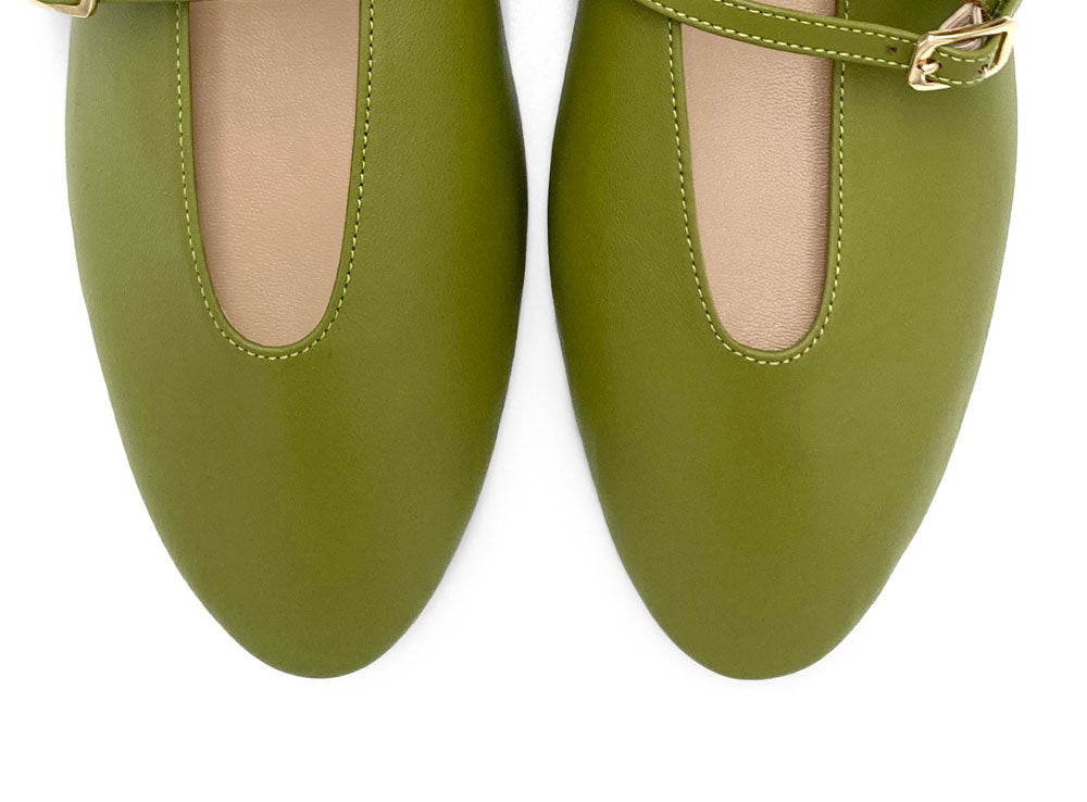Olive green leather ballet flats with V cut and straps