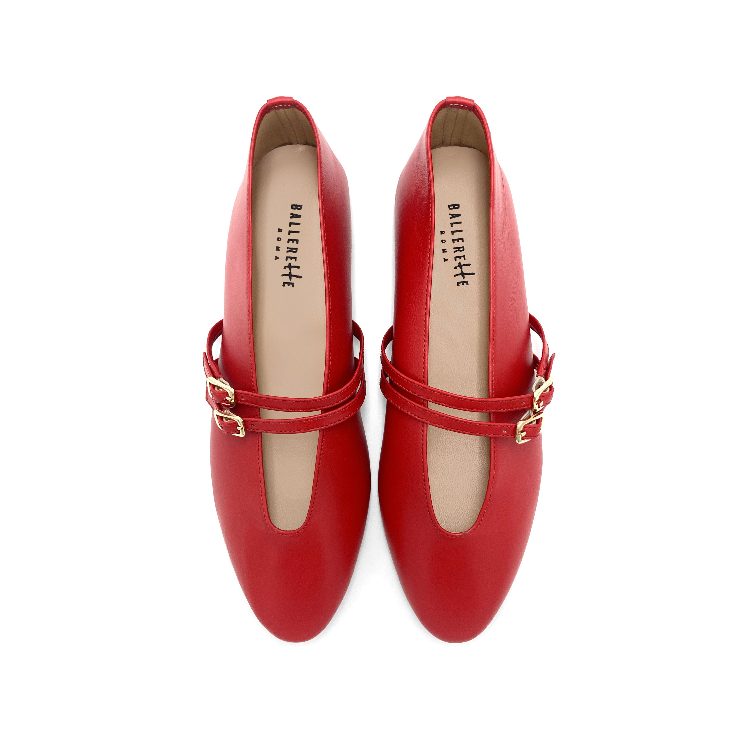 Red leather ballet flats with V cut and straps