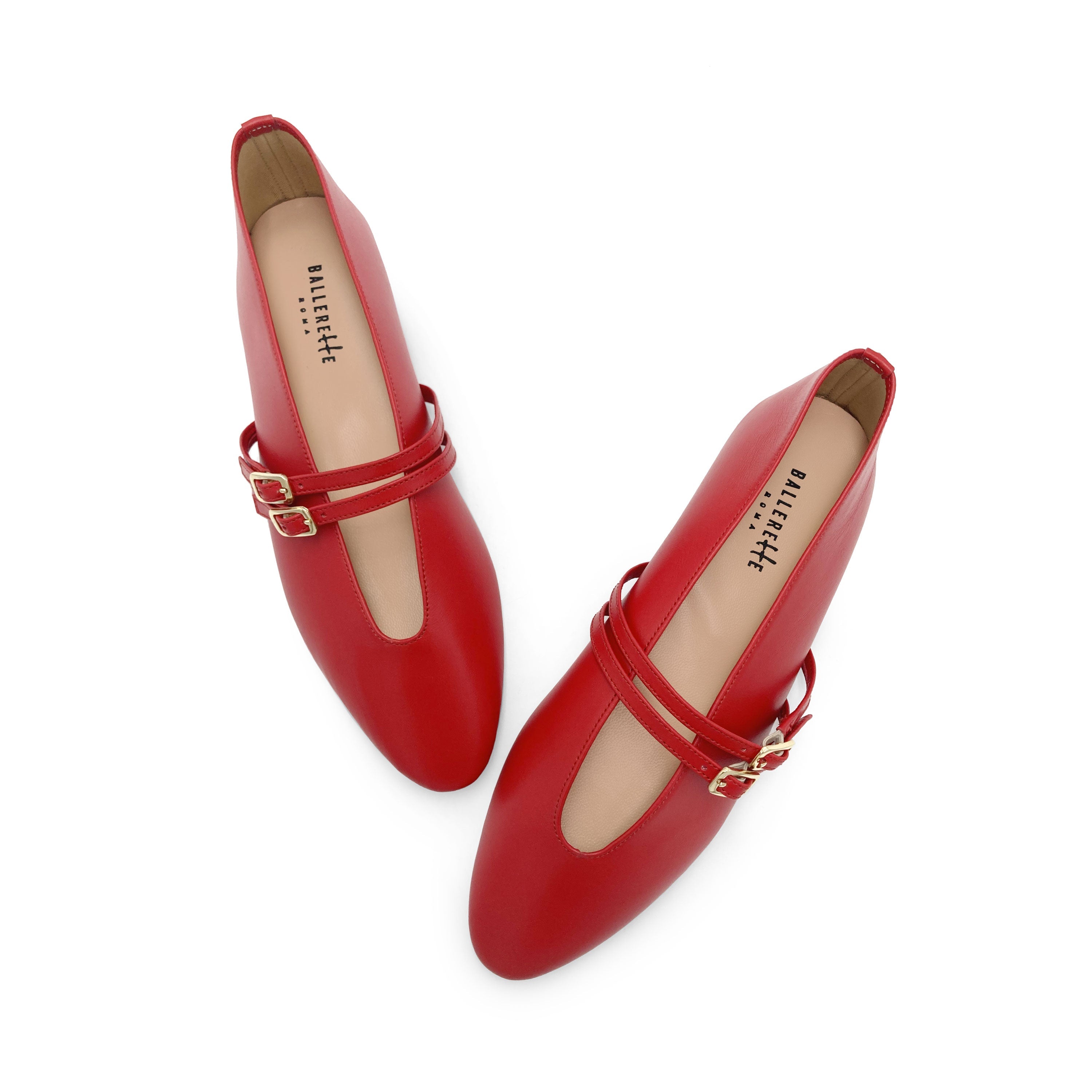 Red leather ballet flats with V cut and straps
