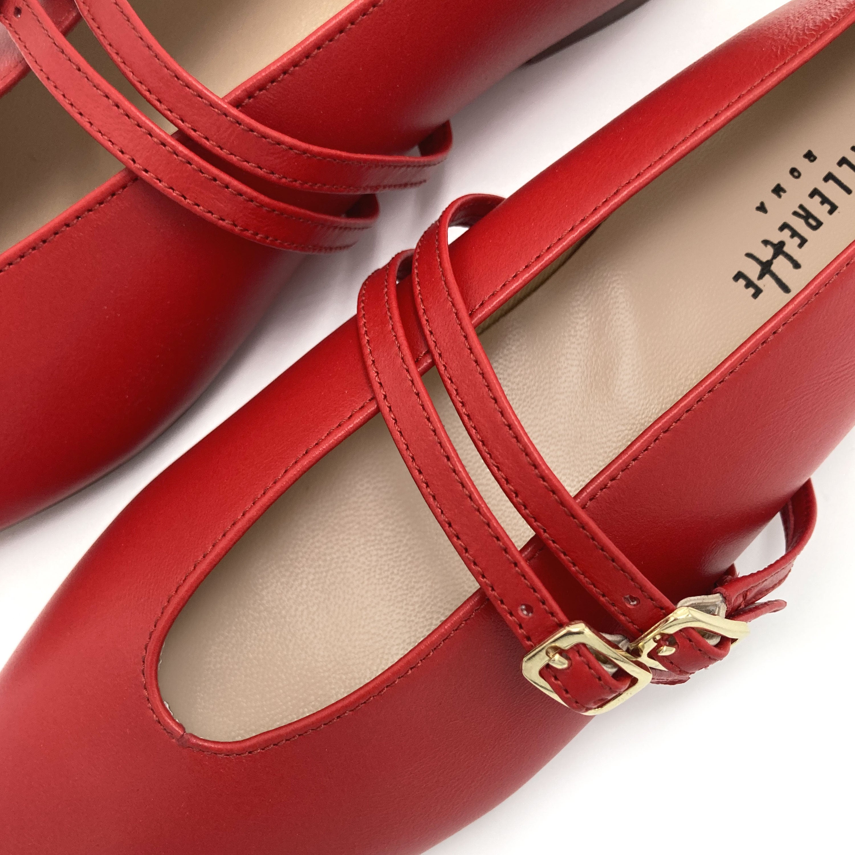 Red leather ballet flats with V cut and straps