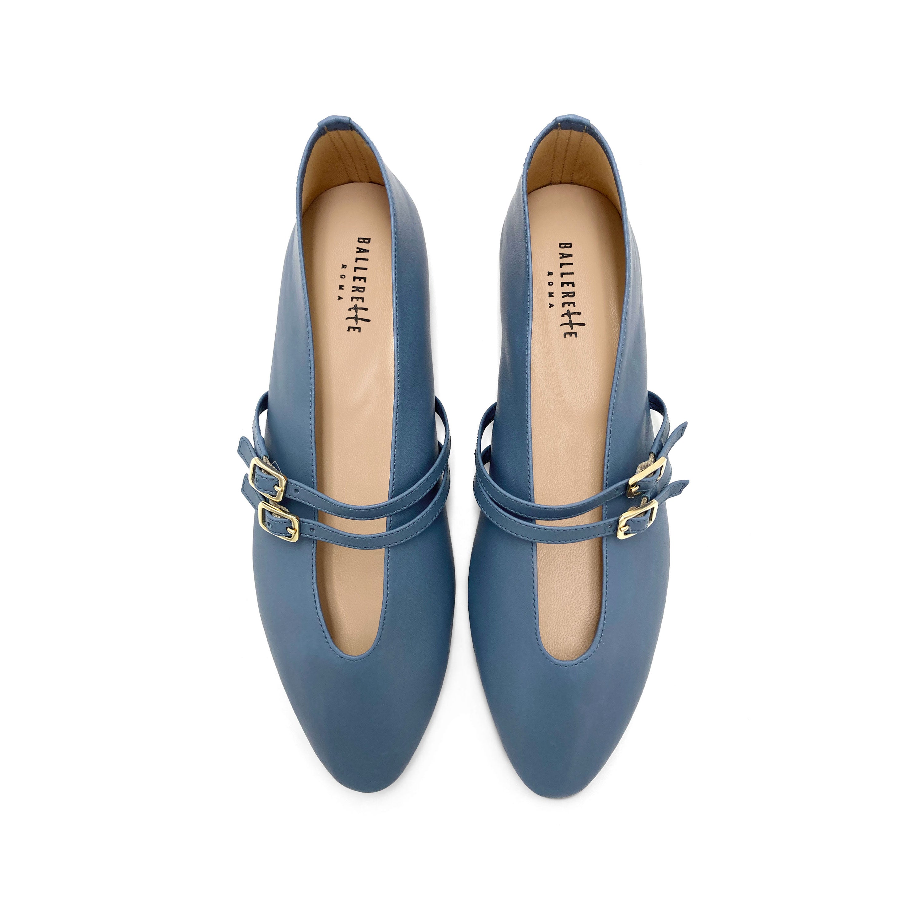 Cerulean blue leather ballet flats with V cut and straps
