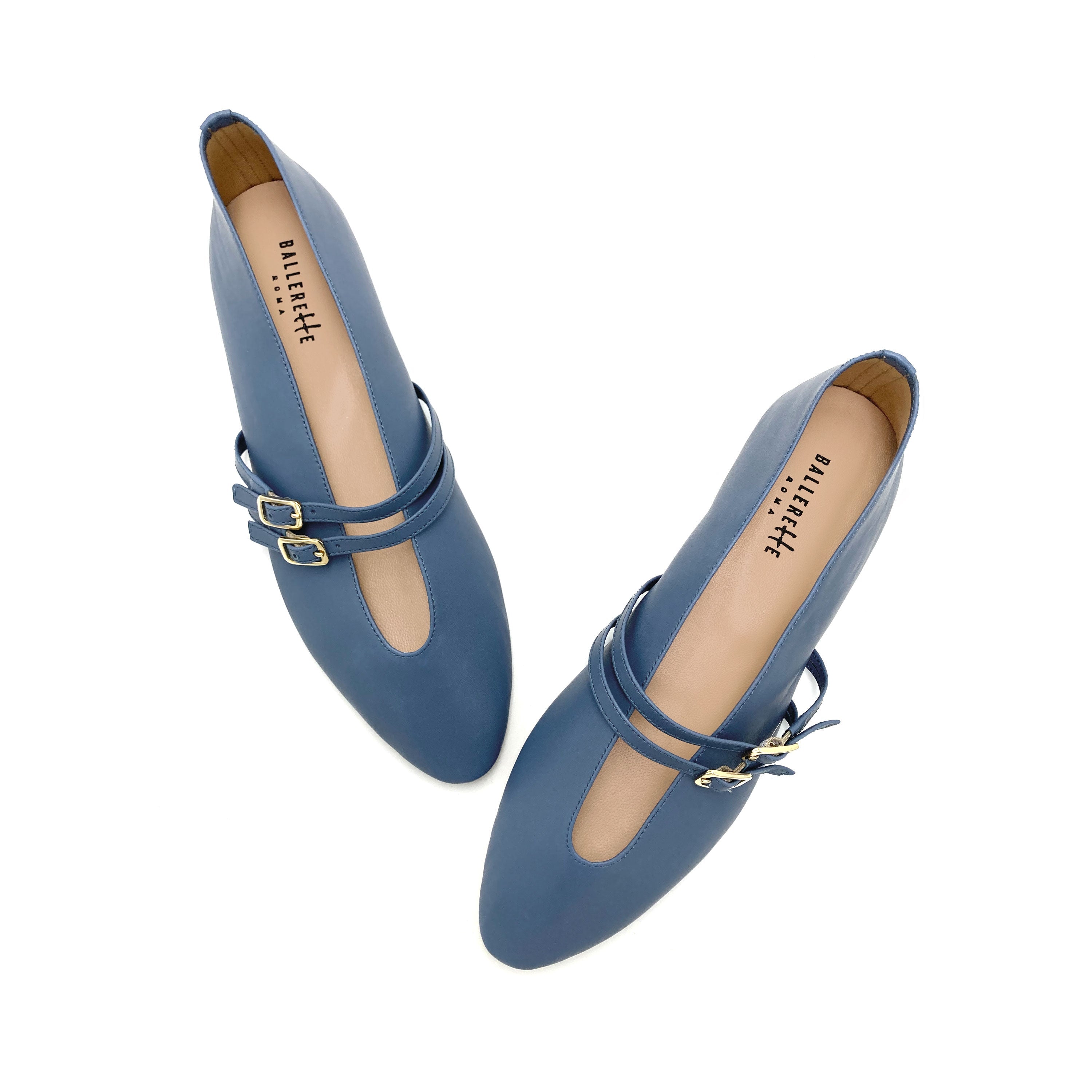 Cerulean blue leather ballet flats with V cut and straps