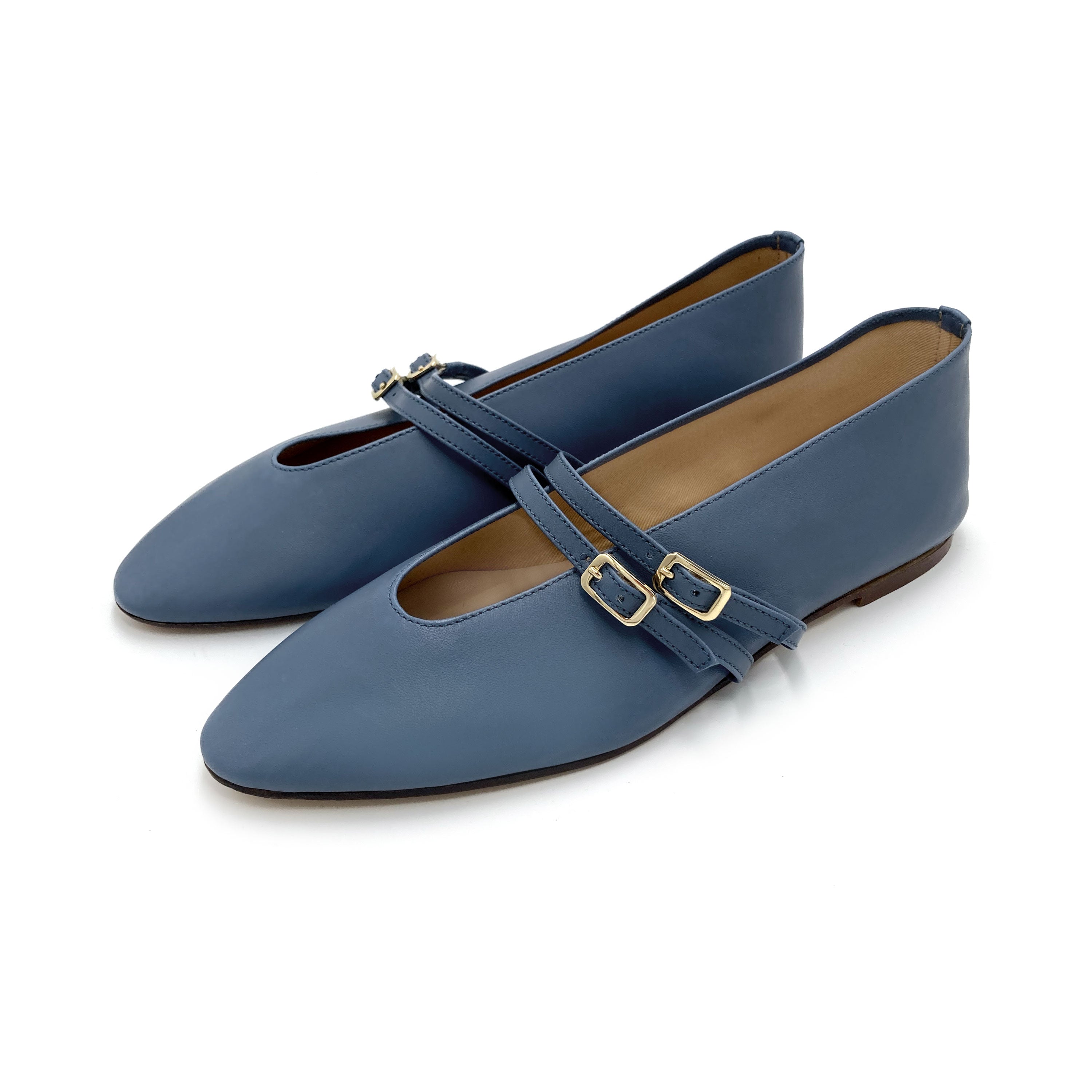 Cerulean blue leather ballet flats with V cut and straps