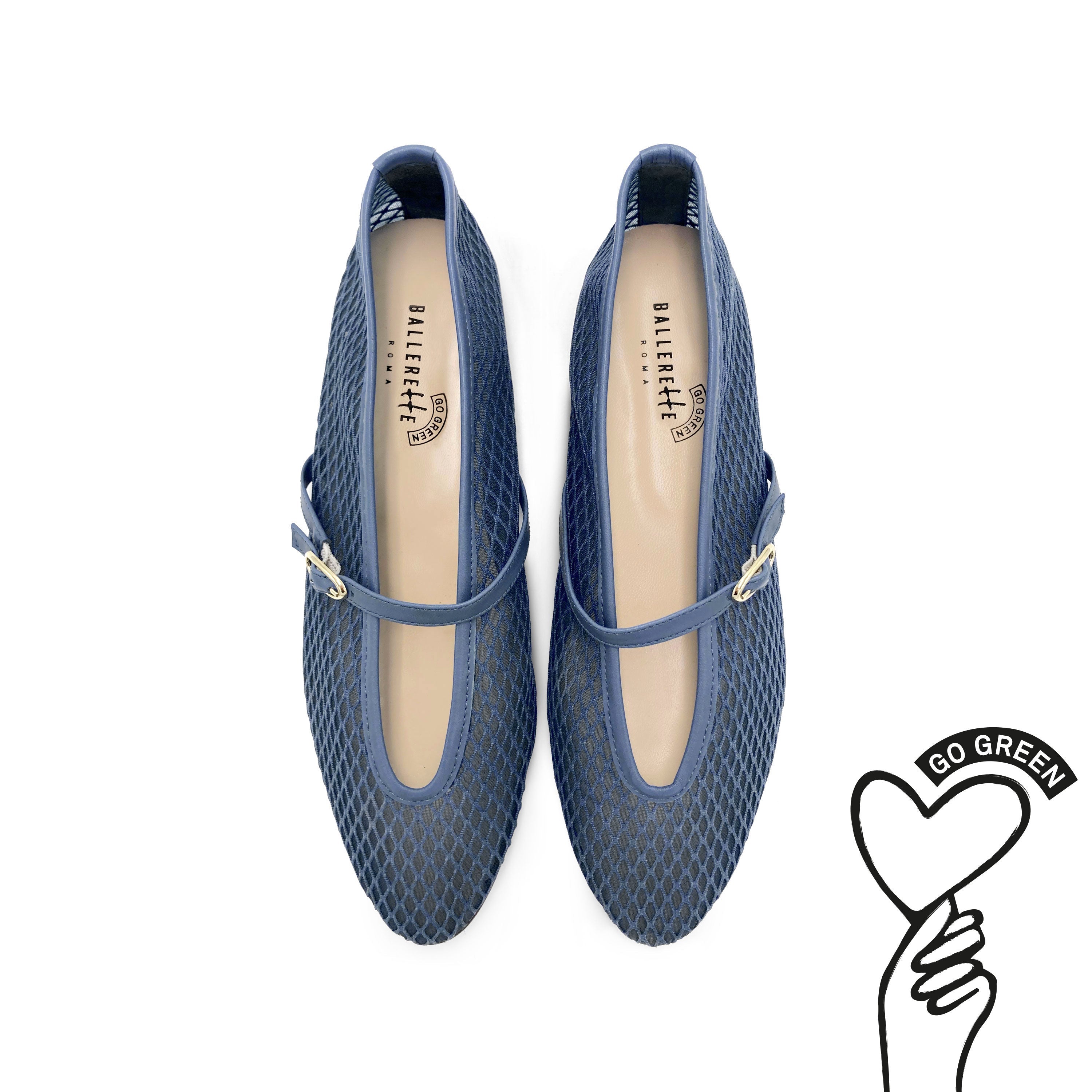 TT GO GREEN Collection - Blue denim transparent mesh ballet flats in eco recycled fabric