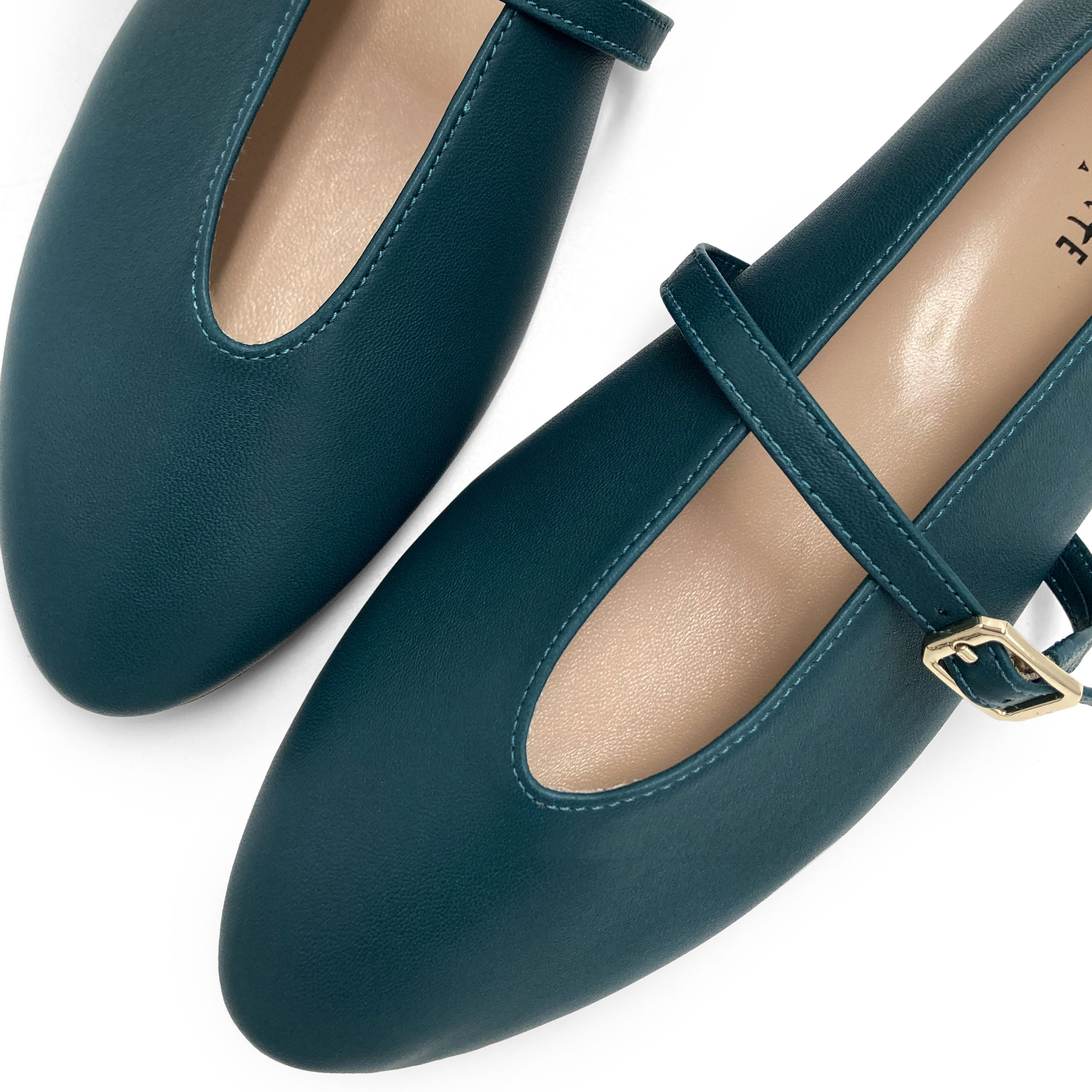 Petrol blue leather ballet flats with V-cut and strap