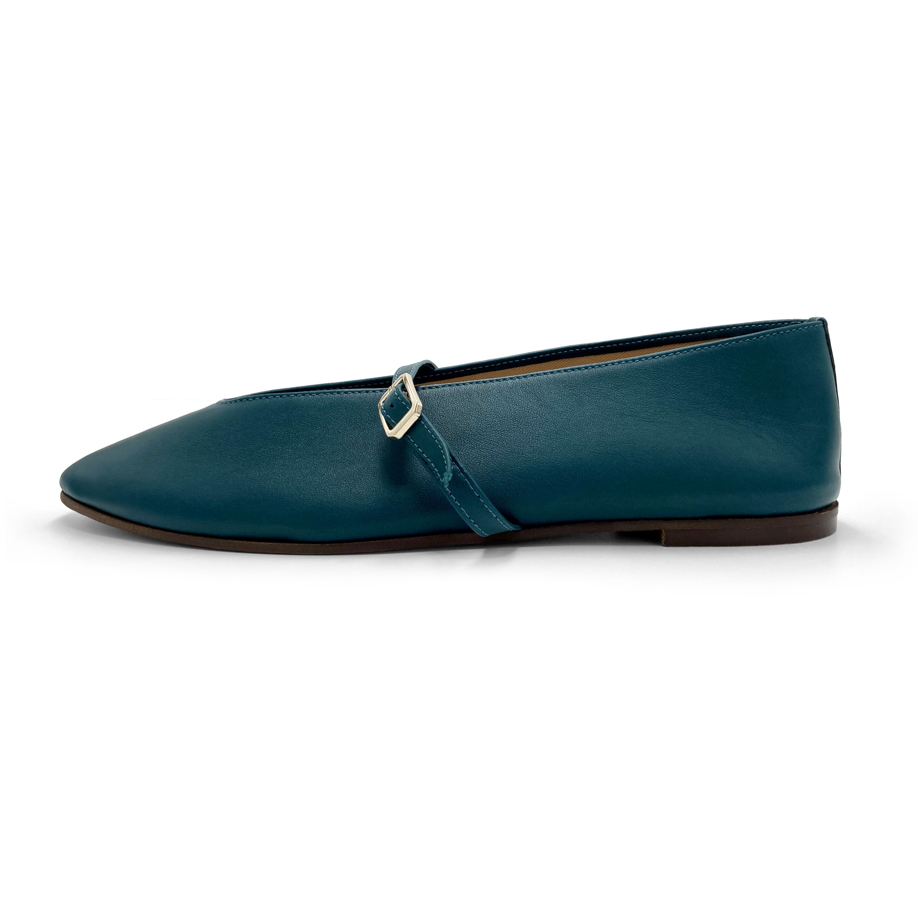 Petrol blue leather ballet flats with V-cut and strap