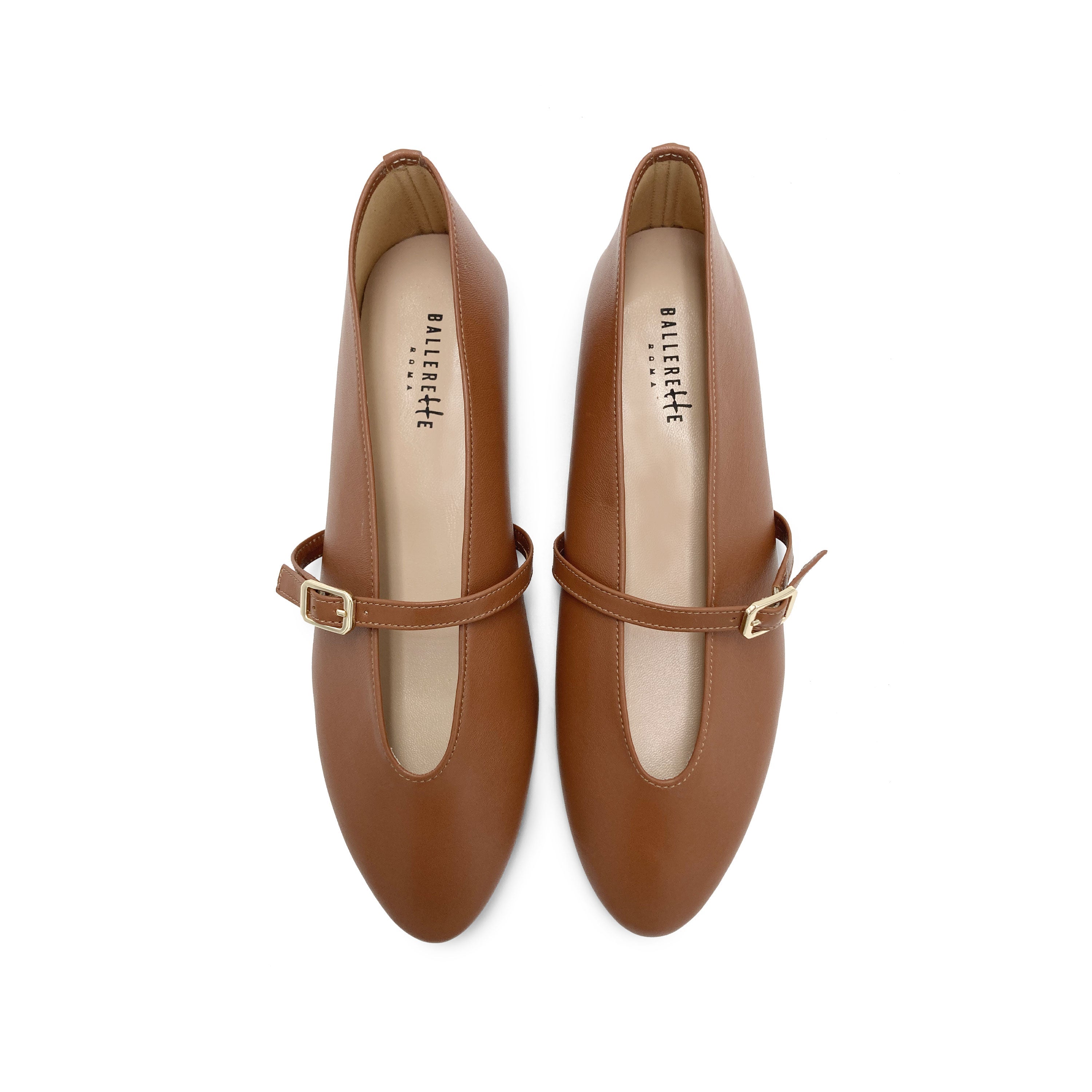 Brown leather ballet flats with V-cut and strap