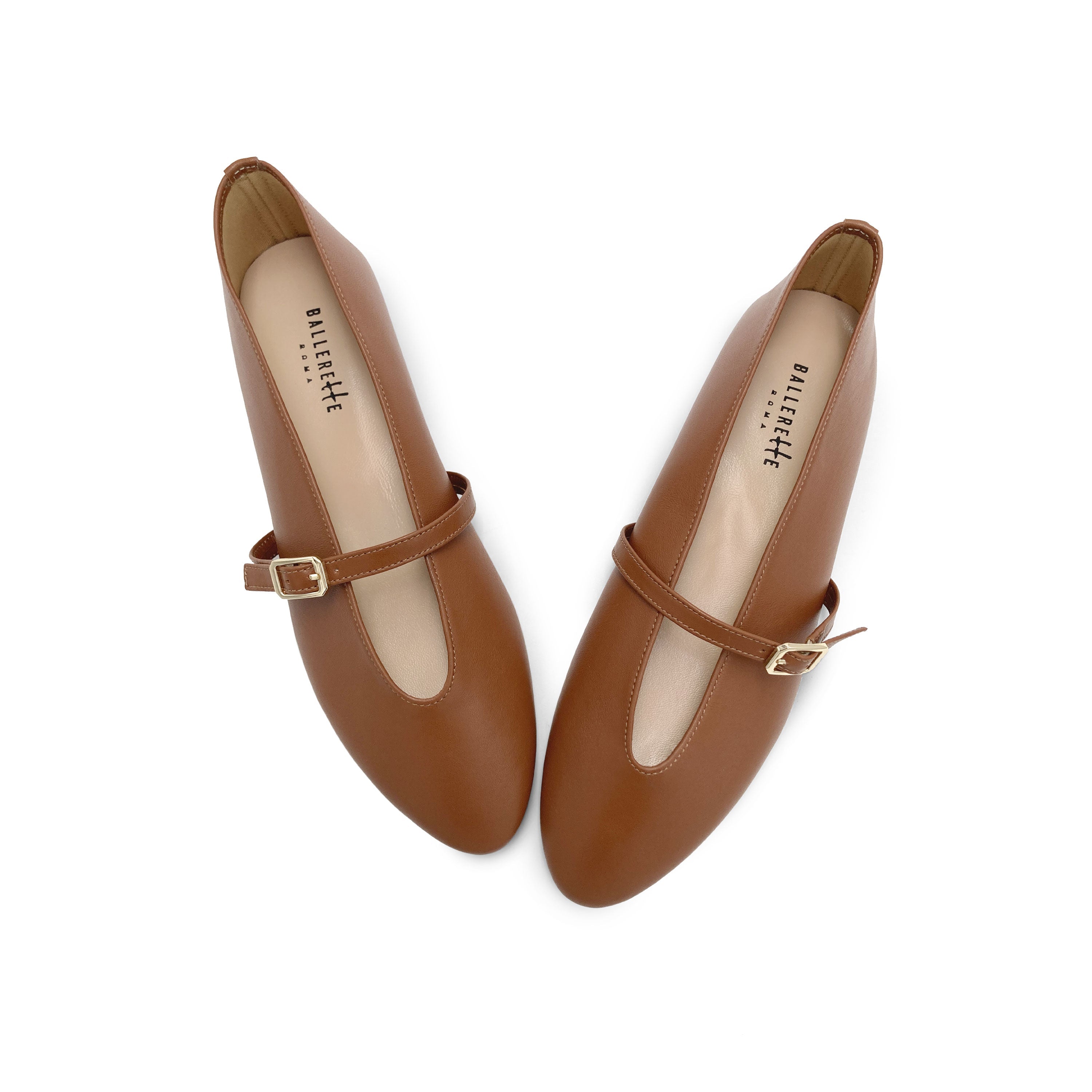 Brown leather ballet flats with V-cut and strap