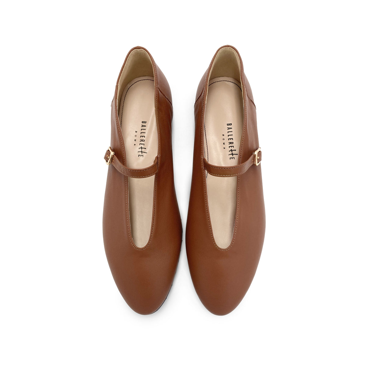 Brown leather ballet flats with V-cut and strap