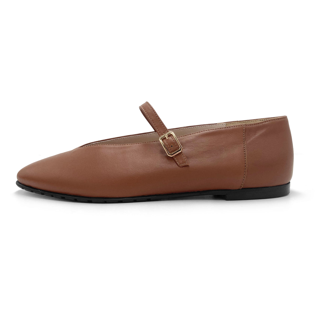 Brown leather ballet flats with V-cut and strap