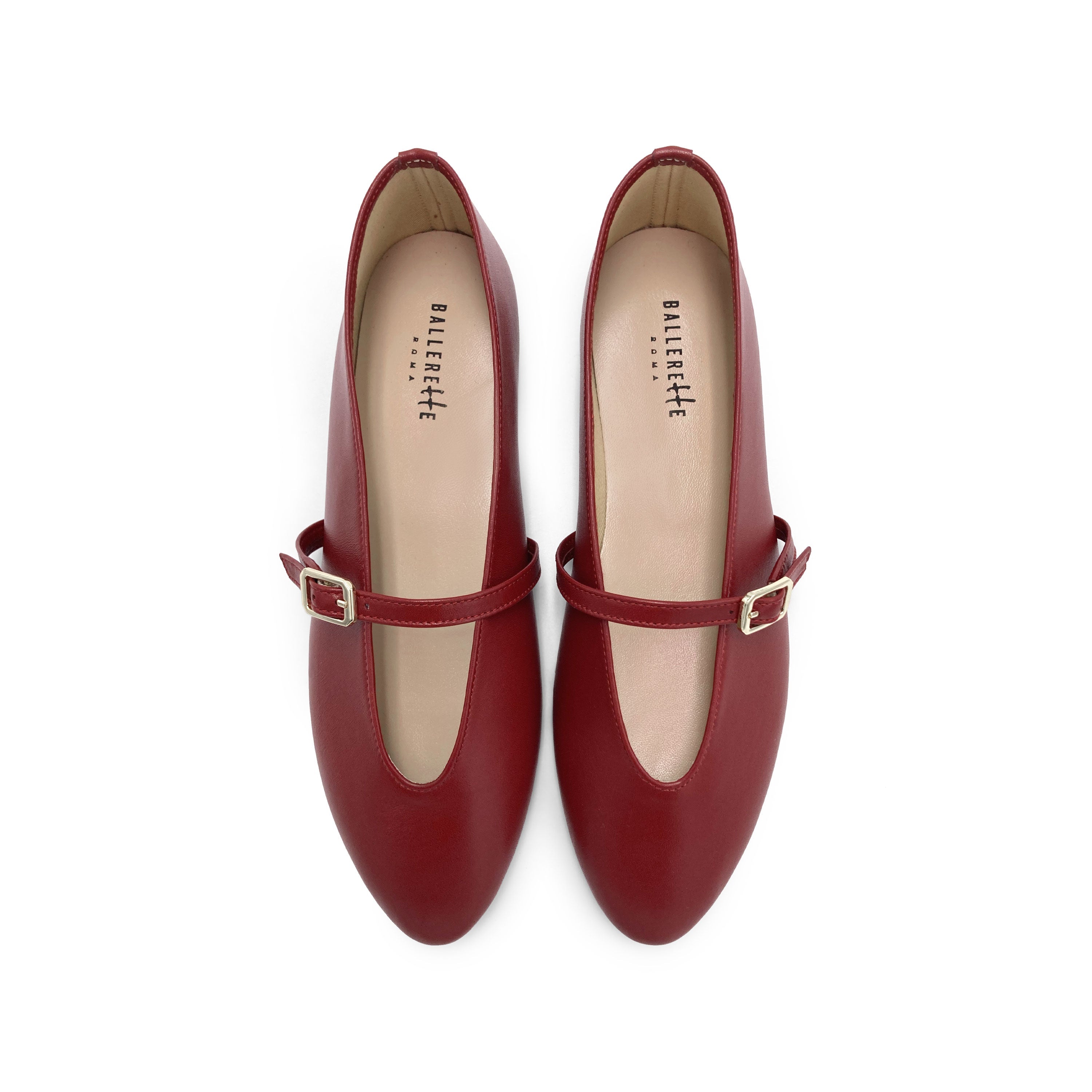 Red leather ballet flats with V-cut and strap