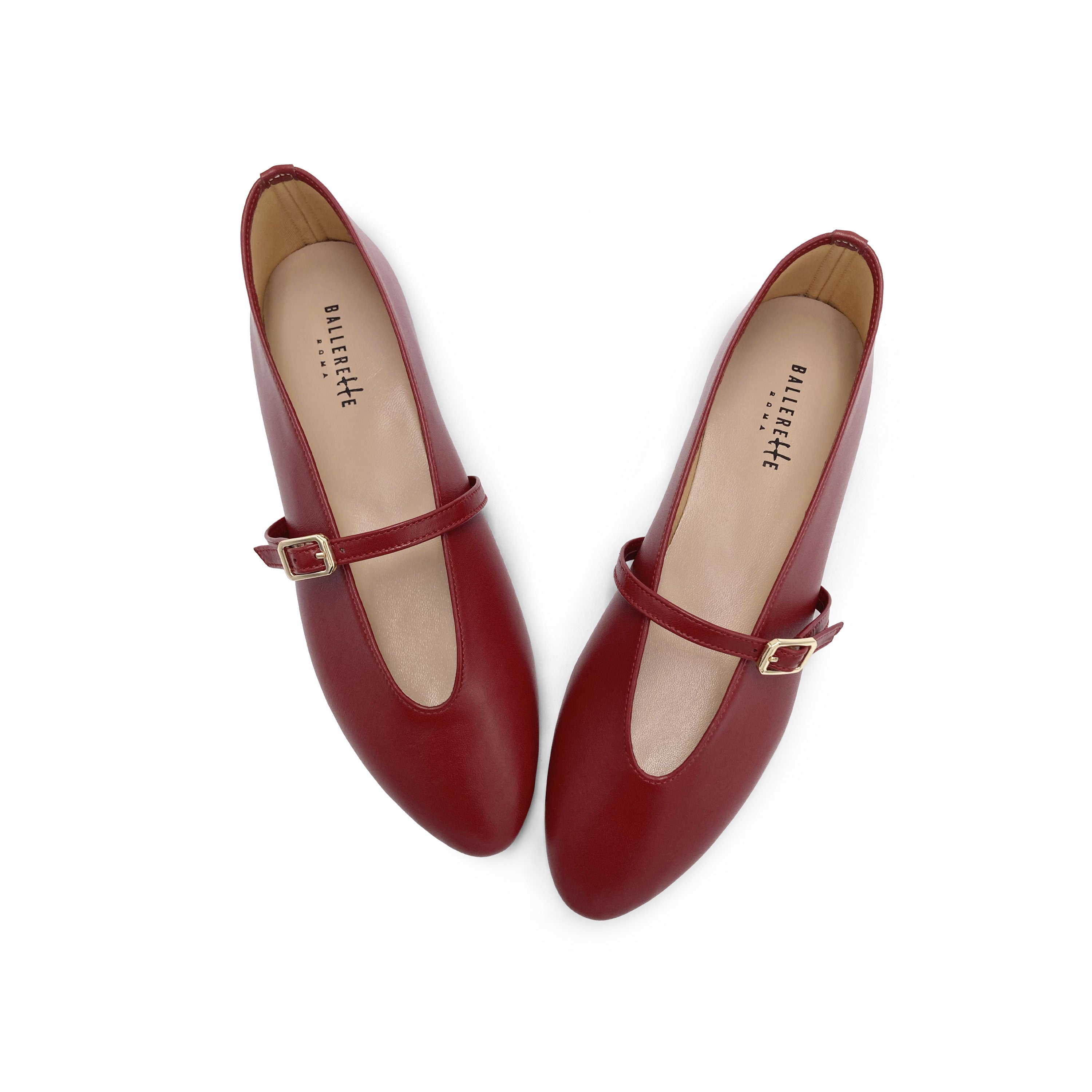 Red leather ballet flats with V-cut and strap